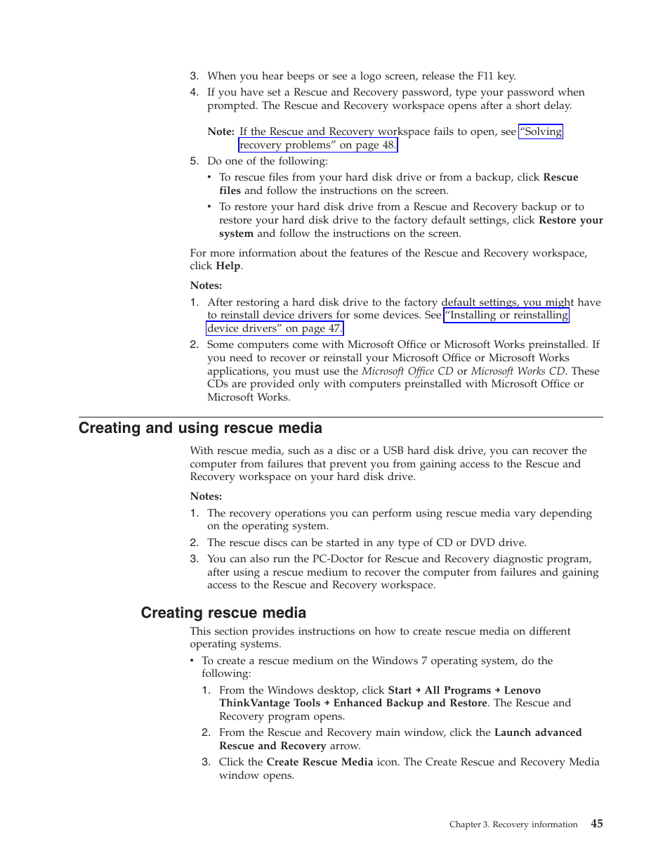 Creating and using rescue media, Creating rescue media | Lenovo 3658 User Manual | Page 53 / 82