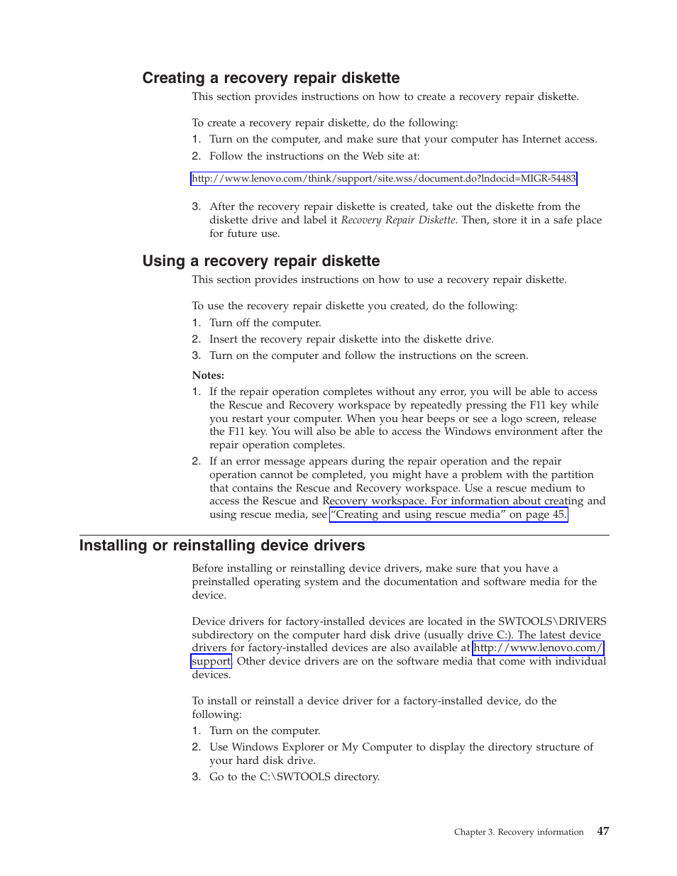 Creating a recovery repair diskette, Using a recovery repair diskette, Installing or reinstalling device drivers | Lenovo 3658 User Manual | Page 55 / 82