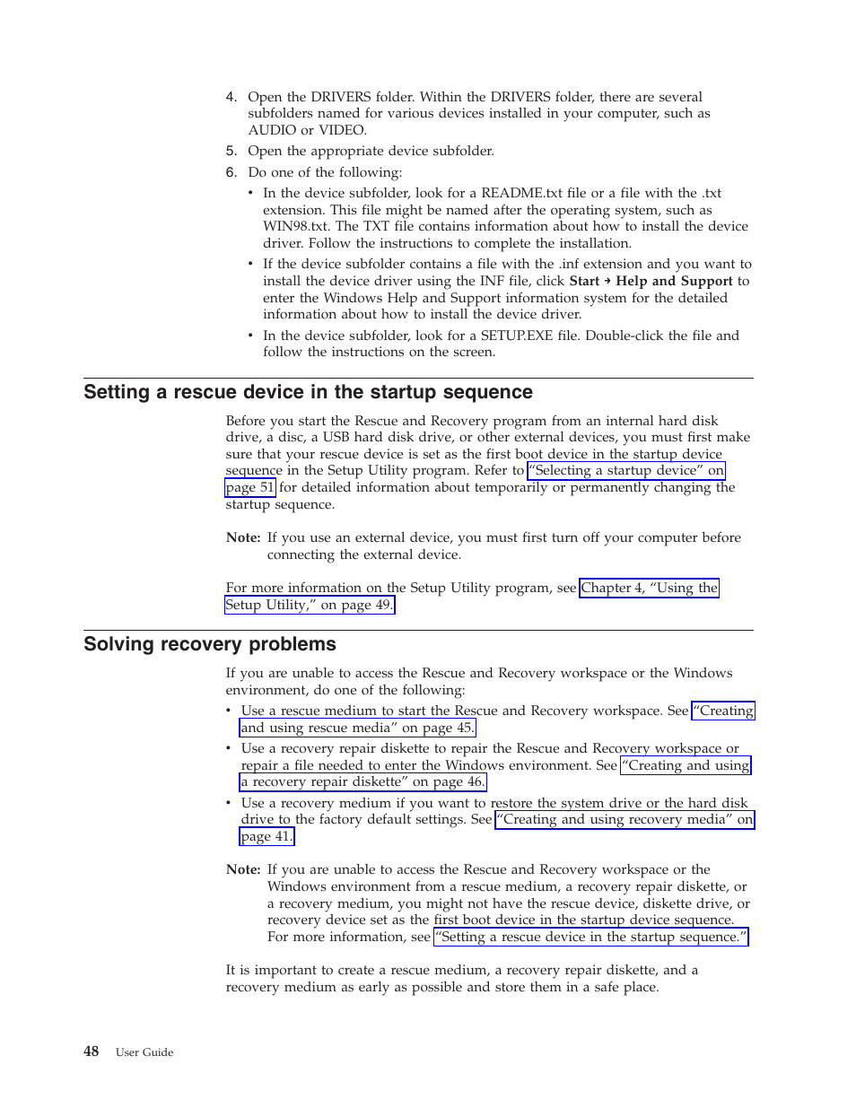 Setting a rescue device in the startup sequence, Solving recovery problems | Lenovo 3658 User Manual | Page 56 / 82