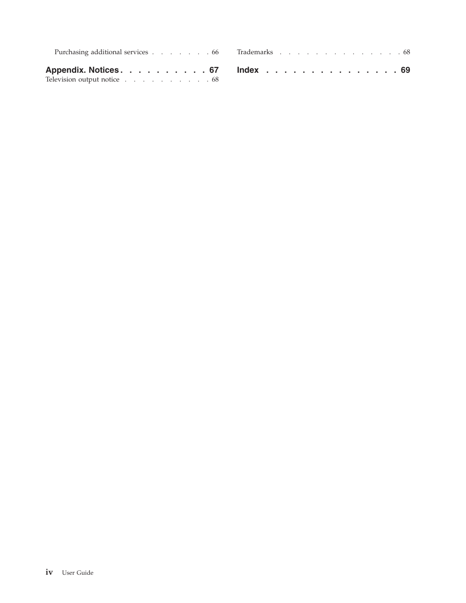 Appendix. notices, Index iv | Lenovo 3658 User Manual | Page 6 / 82