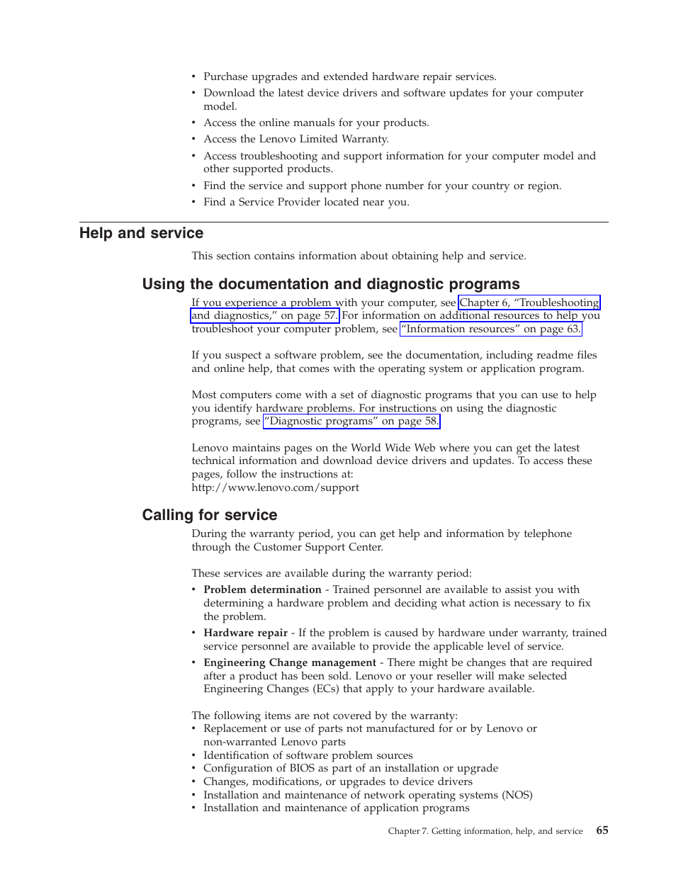 Help and service, Using the documentation and diagnostic programs, Calling for service | Lenovo 3658 User Manual | Page 73 / 82