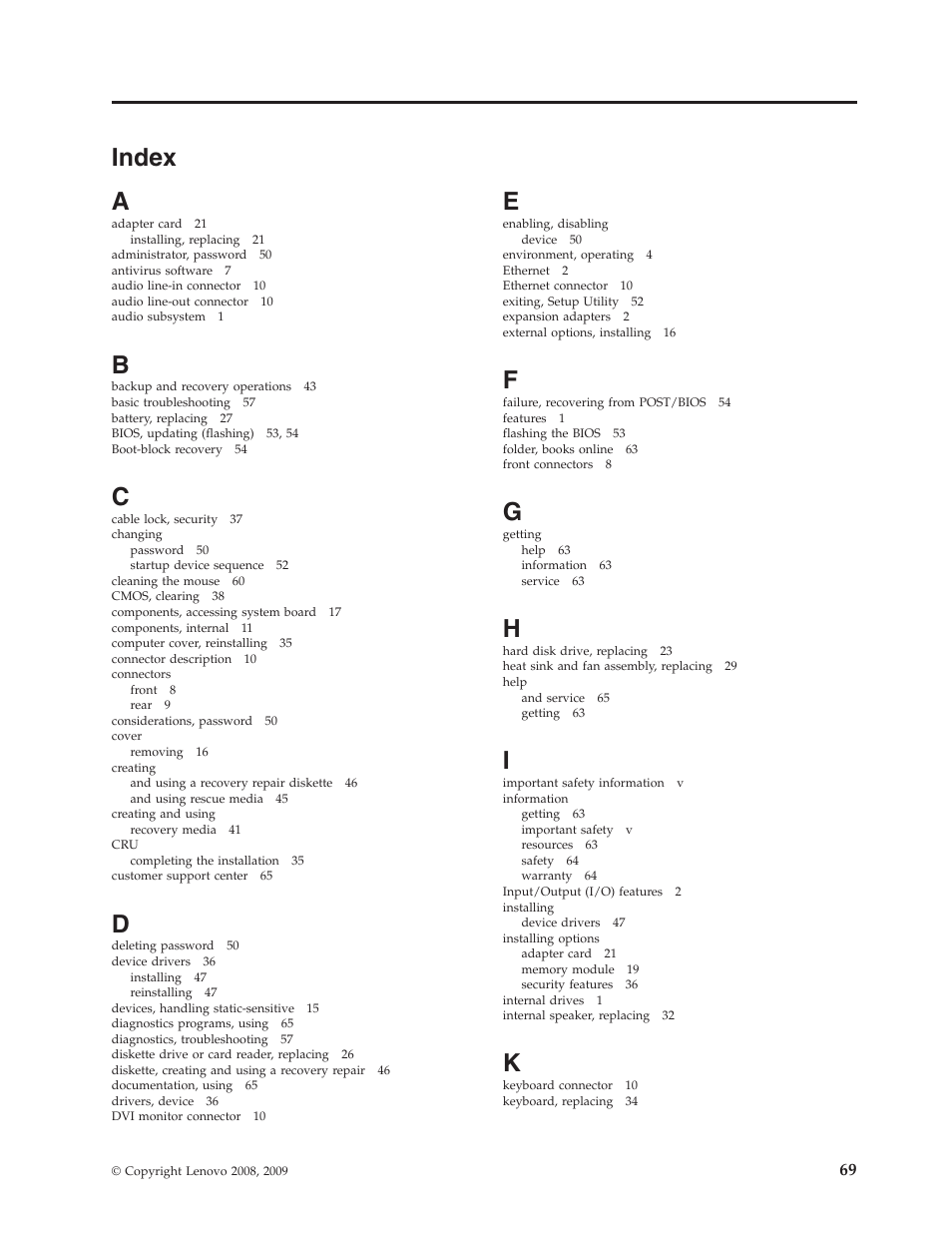 Index, Index a | Lenovo 3658 User Manual | Page 77 / 82