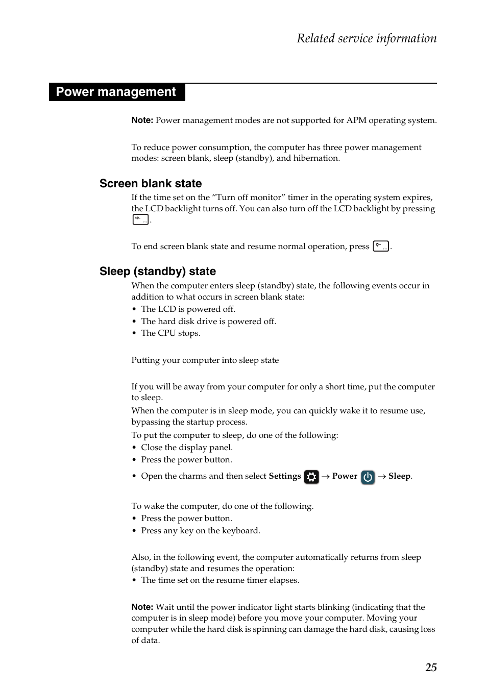 Power management, Screen blank state, Sleep (standby) state | Screen blank state sleep (standby) state, Related service information | Lenovo U510 User Manual | Page 29 / 89
