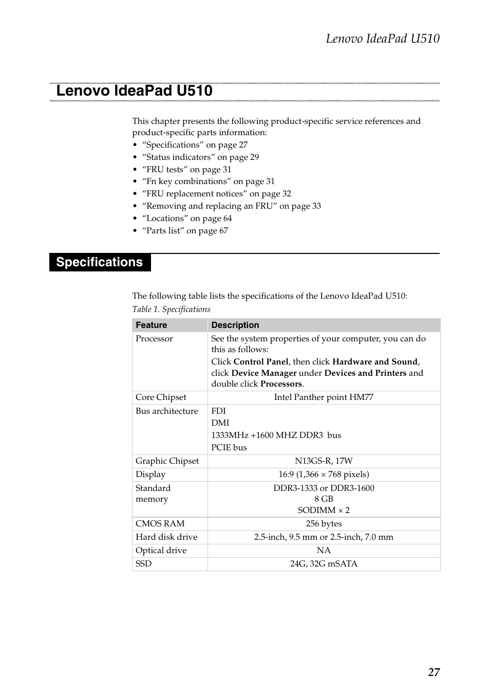 Lenovo ideapad u510, Specifications, Lenovo ideapad u510 specifications | Lenovo U510 User Manual | Page 31 / 89