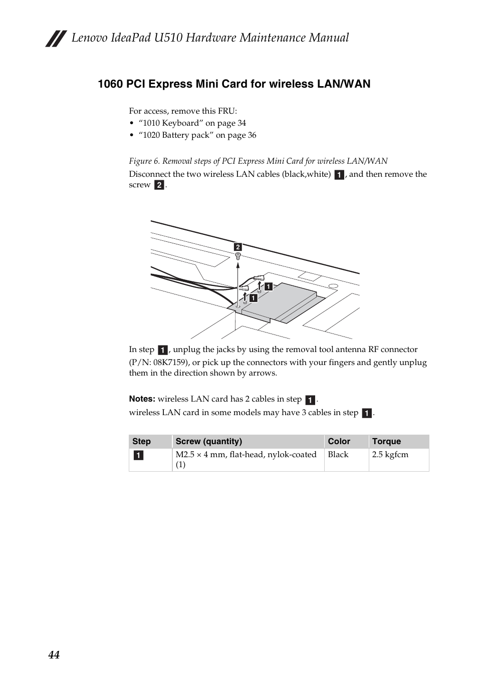 1060 pci express mini card for wireless lan/wan, Lenovo ideapad u510 hardware maintenance manual | Lenovo U510 User Manual | Page 48 / 89