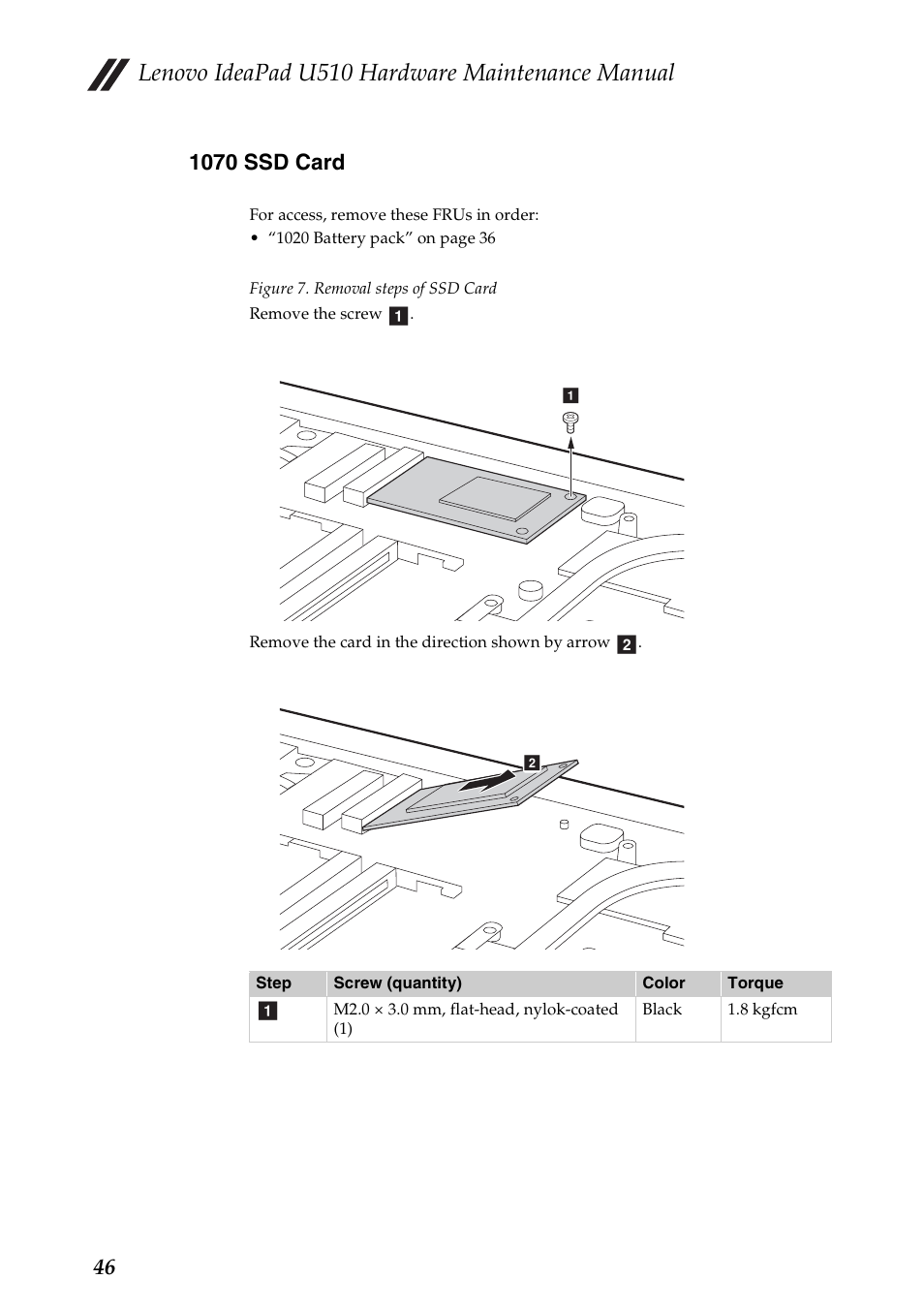 1070 ssd card, Lenovo ideapad u510 hardware maintenance manual | Lenovo U510 User Manual | Page 50 / 89