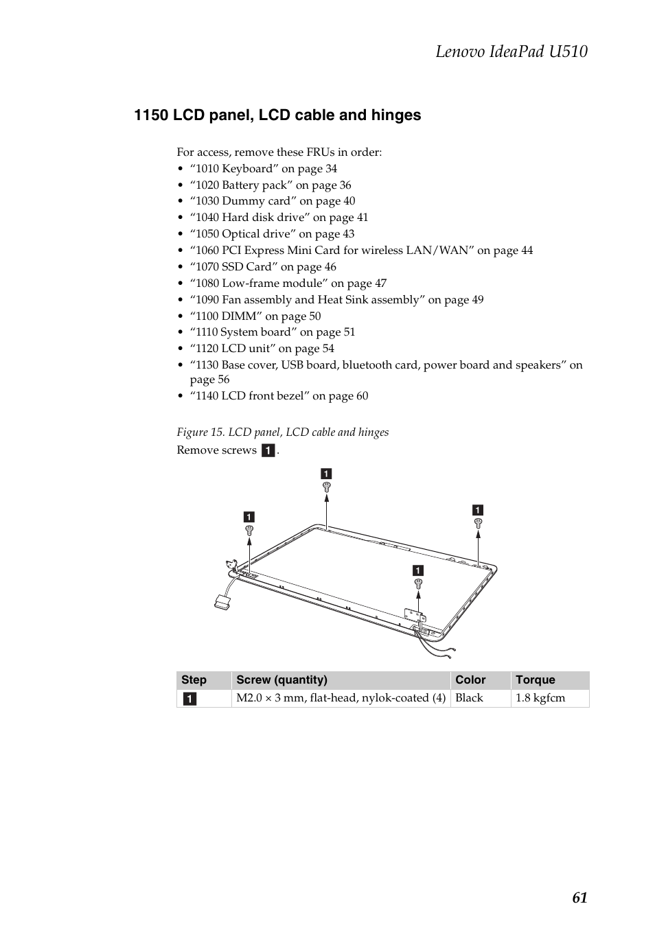 1150 lcd panel, lcd cable and hinges, Lenovo ideapad u510 | Lenovo U510 User Manual | Page 65 / 89