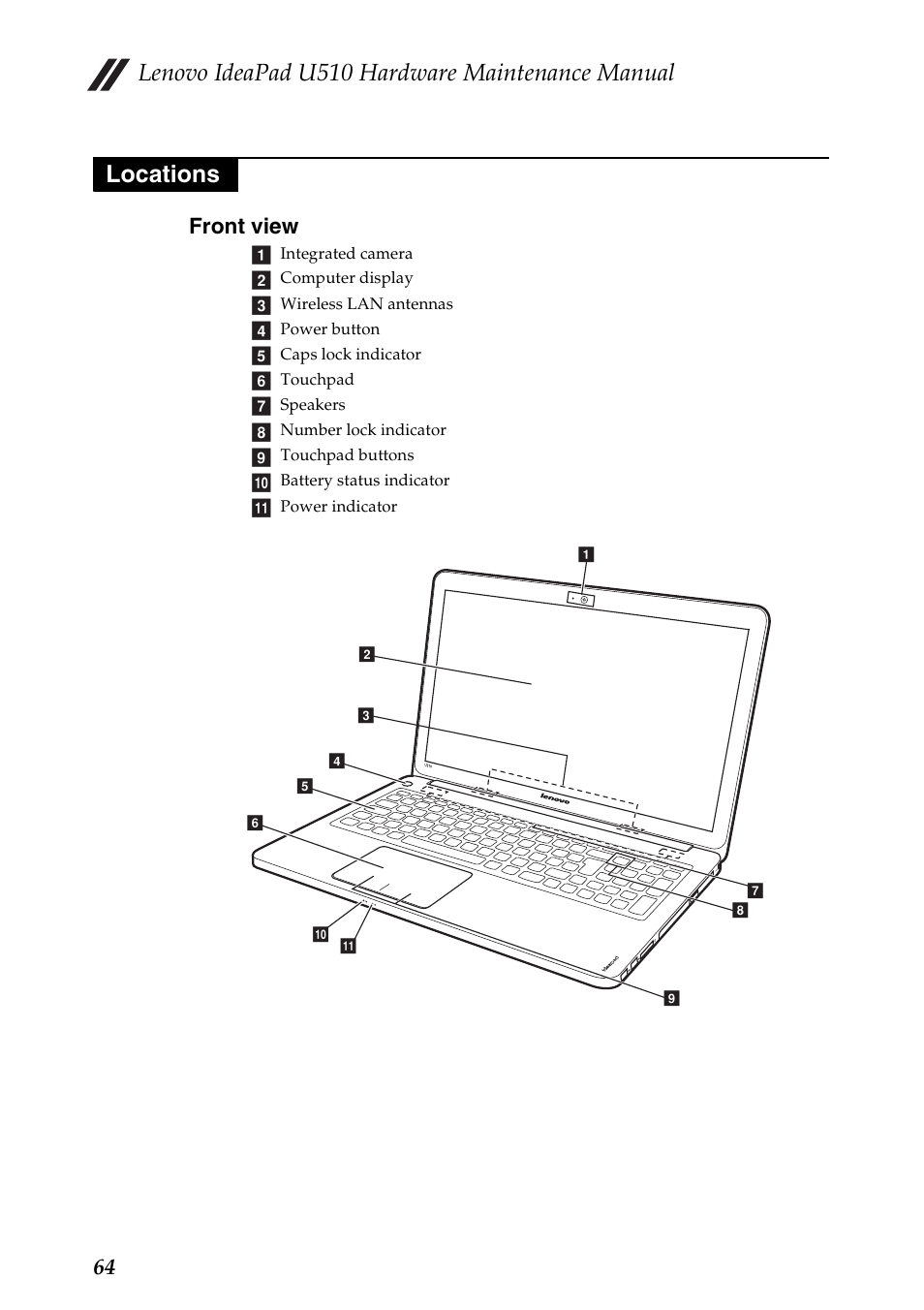 Locations, Front view, Lenovo ideapad u510 hardware maintenance manual | 64 front view | Lenovo U510 User Manual | Page 68 / 89