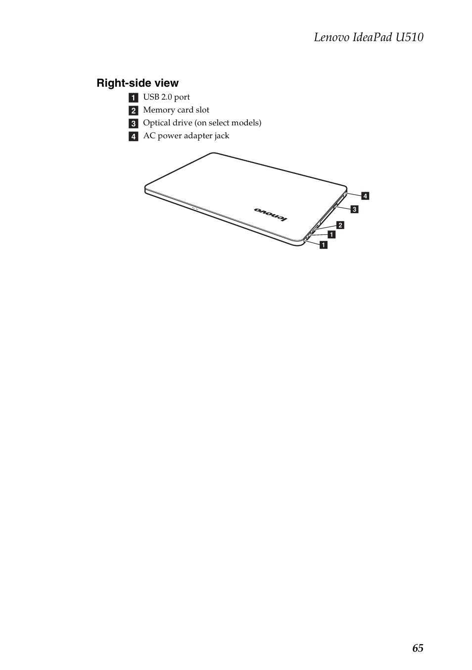 Right-side view, Lenovo ideapad u510, 65 right-side view | Lenovo U510 User Manual | Page 69 / 89