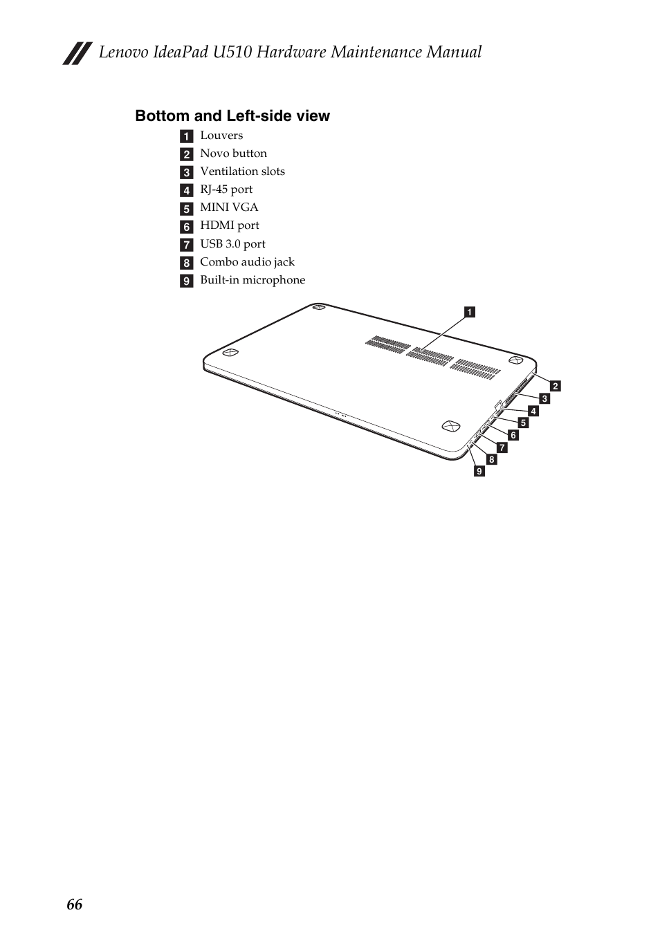 Bottom and left-side view, Lenovo ideapad u510 hardware maintenance manual, 66 bottom and left-side view | Lenovo U510 User Manual | Page 70 / 89