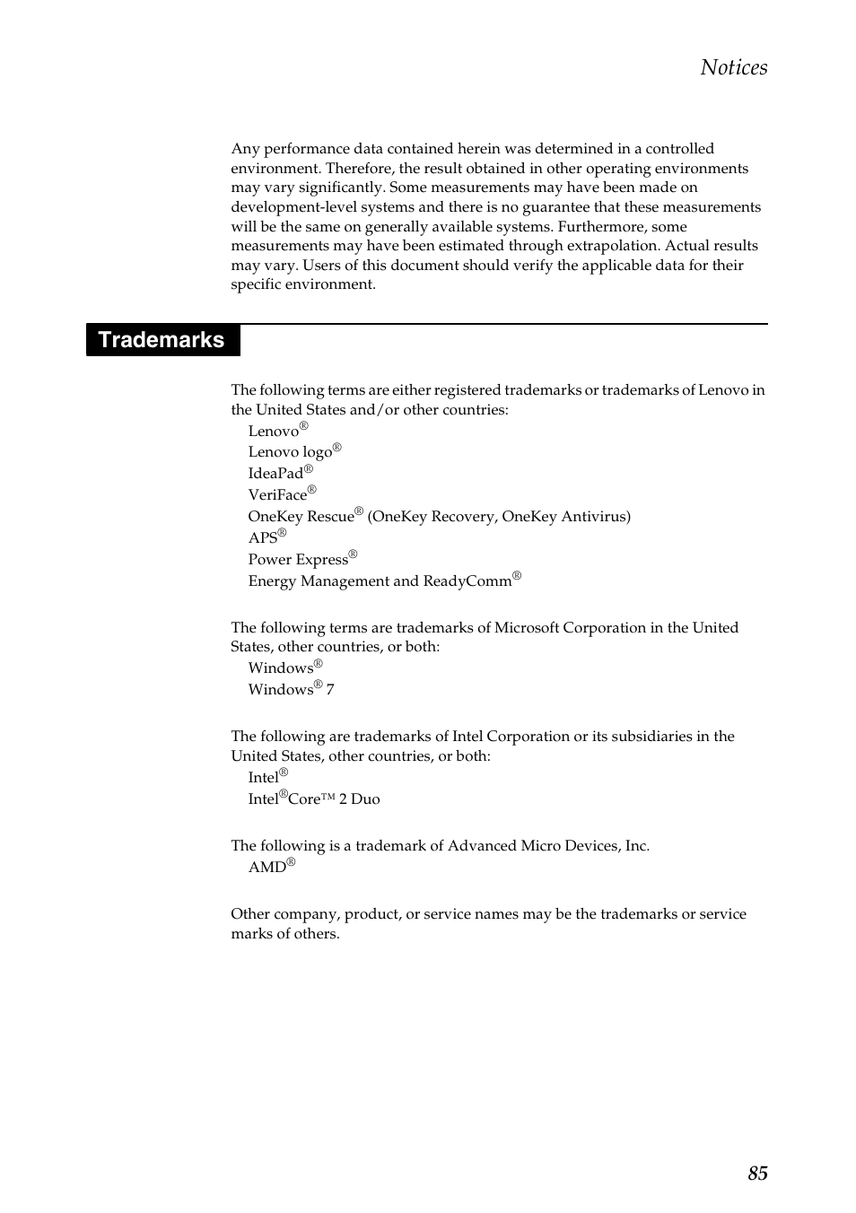 Trademarks, Notices | Lenovo U510 User Manual | Page 89 / 89