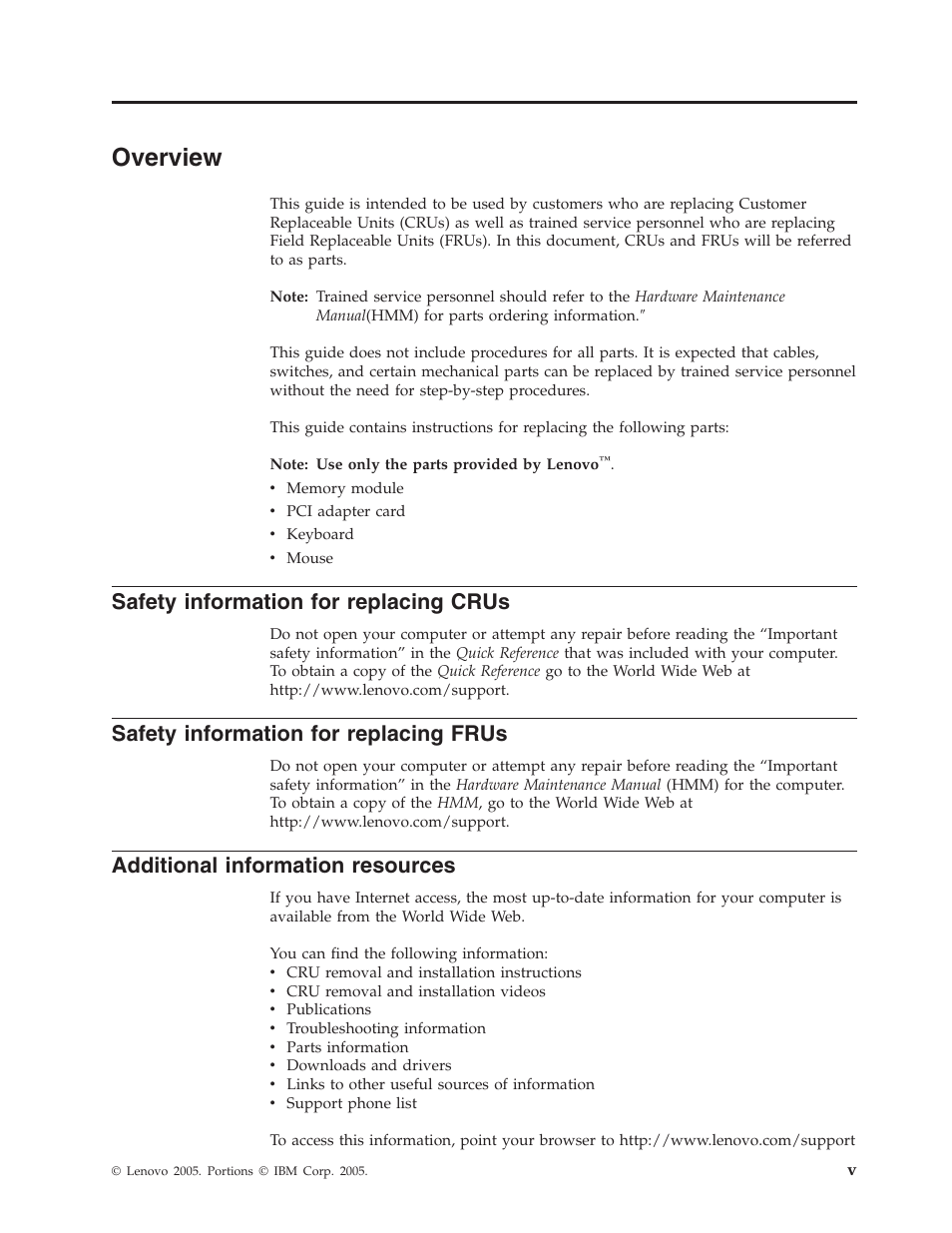 Overview, Safety information for replacing crus, Safety information for replacing frus | Additional information resources, Safety, Information, Replacing, Crus, Frus, Additional | Lenovo J SERIES 8257 User Manual | Page 7 / 24