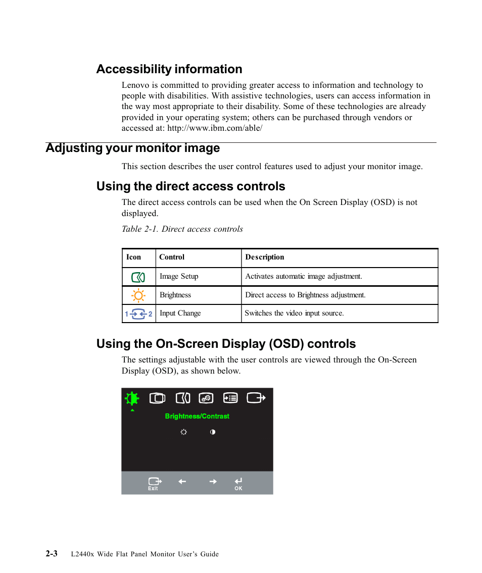 Accessibility information, Adjusting your monitor image, Using the direct access controls | Using the on-screen display (osd) controls | Lenovo L2440X User Manual | Page 18 / 40