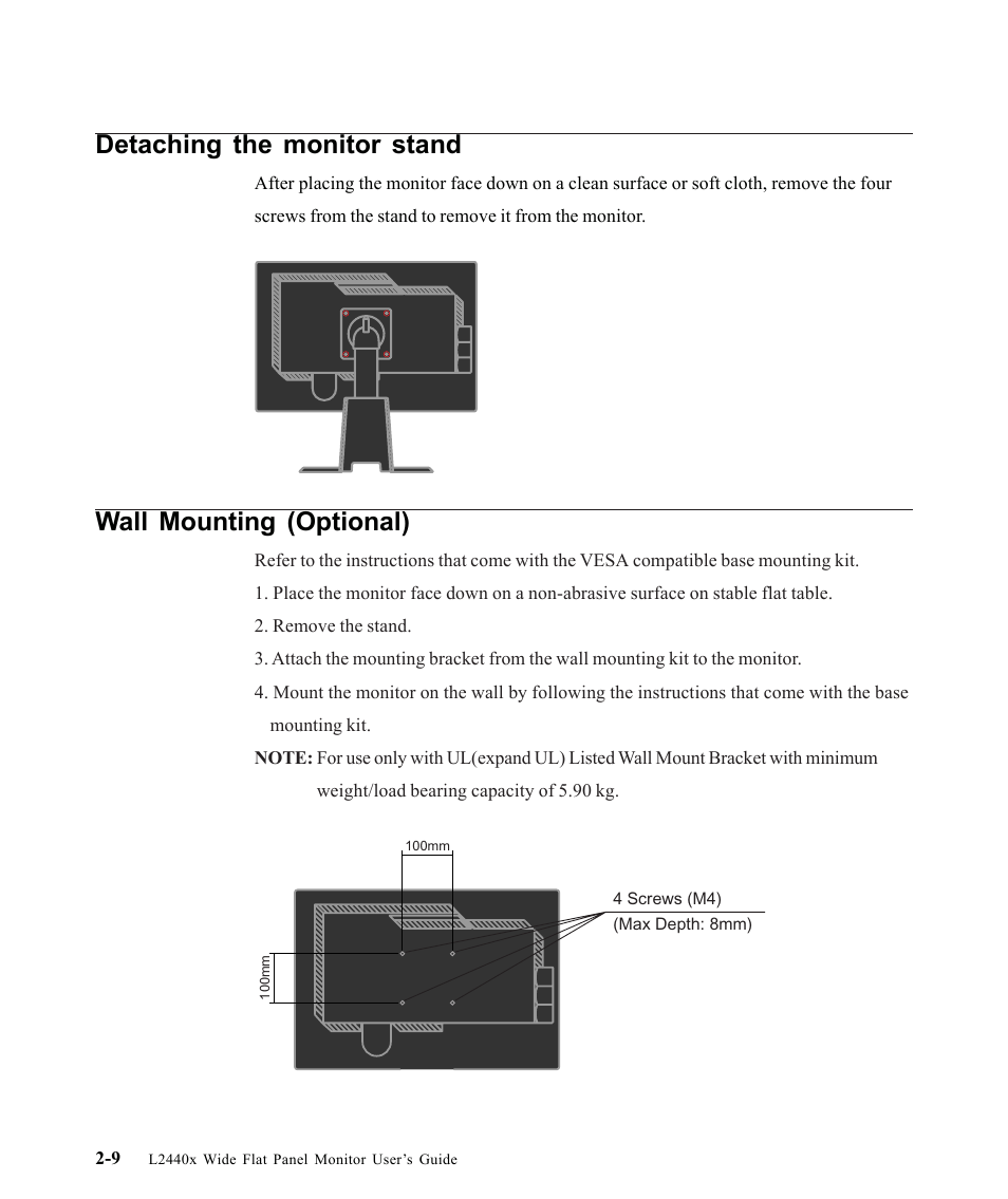 Detaching the monitor stand, Wall mounting (optional) | Lenovo L2440X User Manual | Page 24 / 40