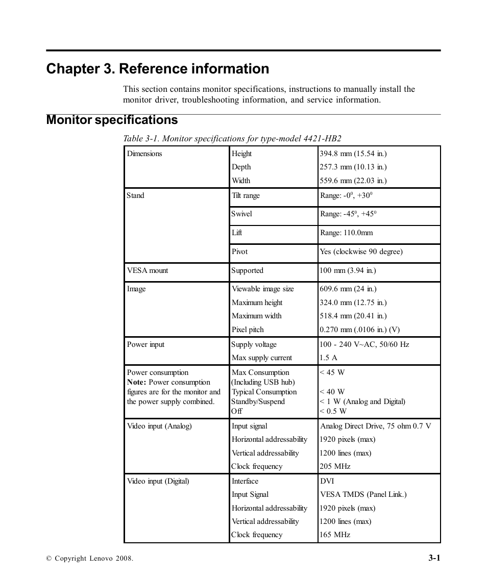 Chapter 3. reference information, Monitor specifications | Lenovo L2440X User Manual | Page 25 / 40