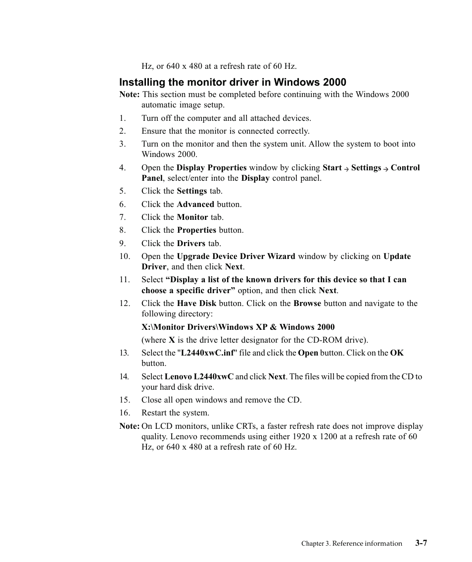 Installing the monitor driver in windows 2000 | Lenovo L2440X User Manual | Page 31 / 40