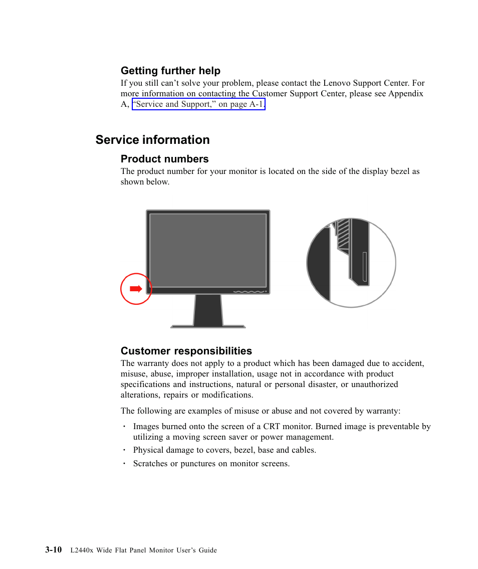 Getting further help, Service information, Product numbers | Customer responsibilities | Lenovo L2440X User Manual | Page 32 / 40