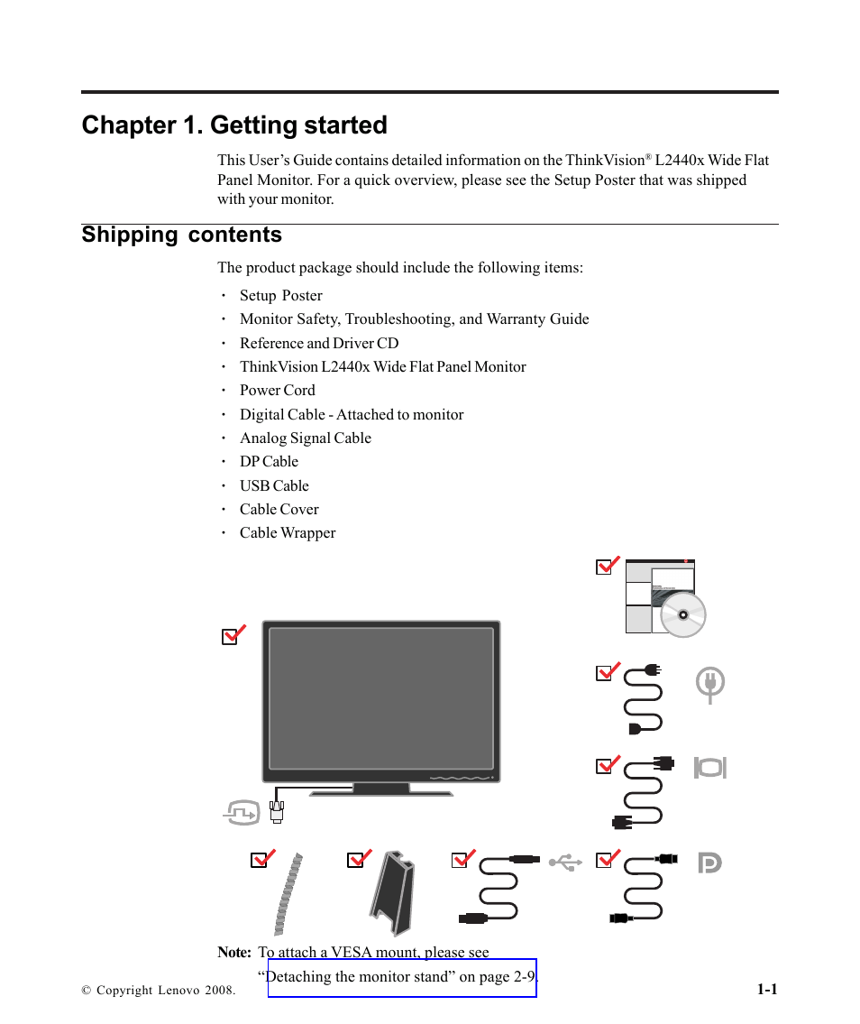 Chapter 1. getting started, Shipping contents | Lenovo L2440X User Manual | Page 5 / 40