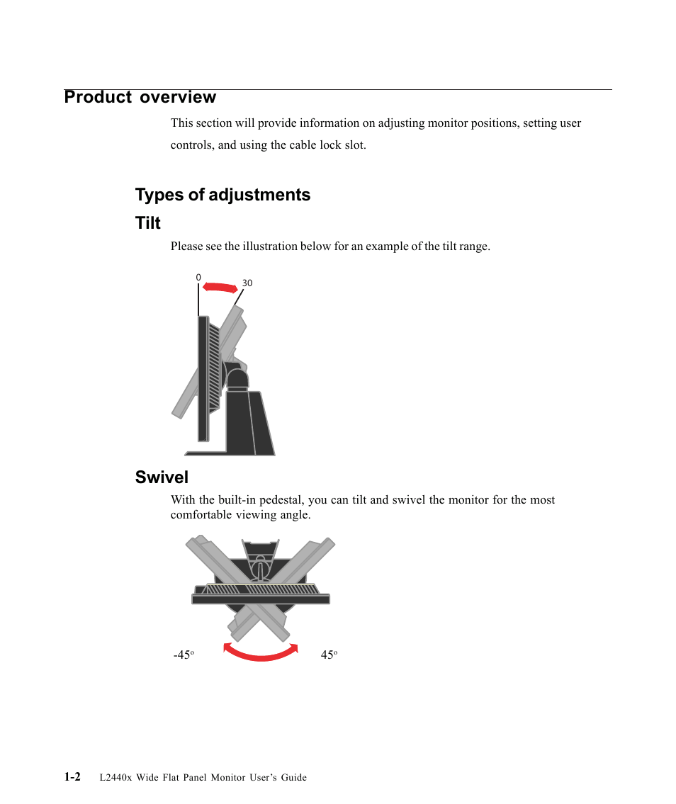 Product overview, Types of adjustments, Tilt | Swivel, Types of adjustments tilt | Lenovo L2440X User Manual | Page 6 / 40