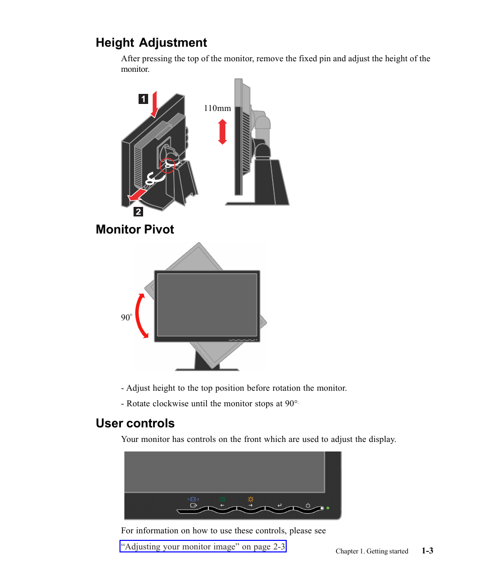 Height adjustment, Monitor pivot, User controls | Lenovo L2440X User Manual | Page 7 / 40