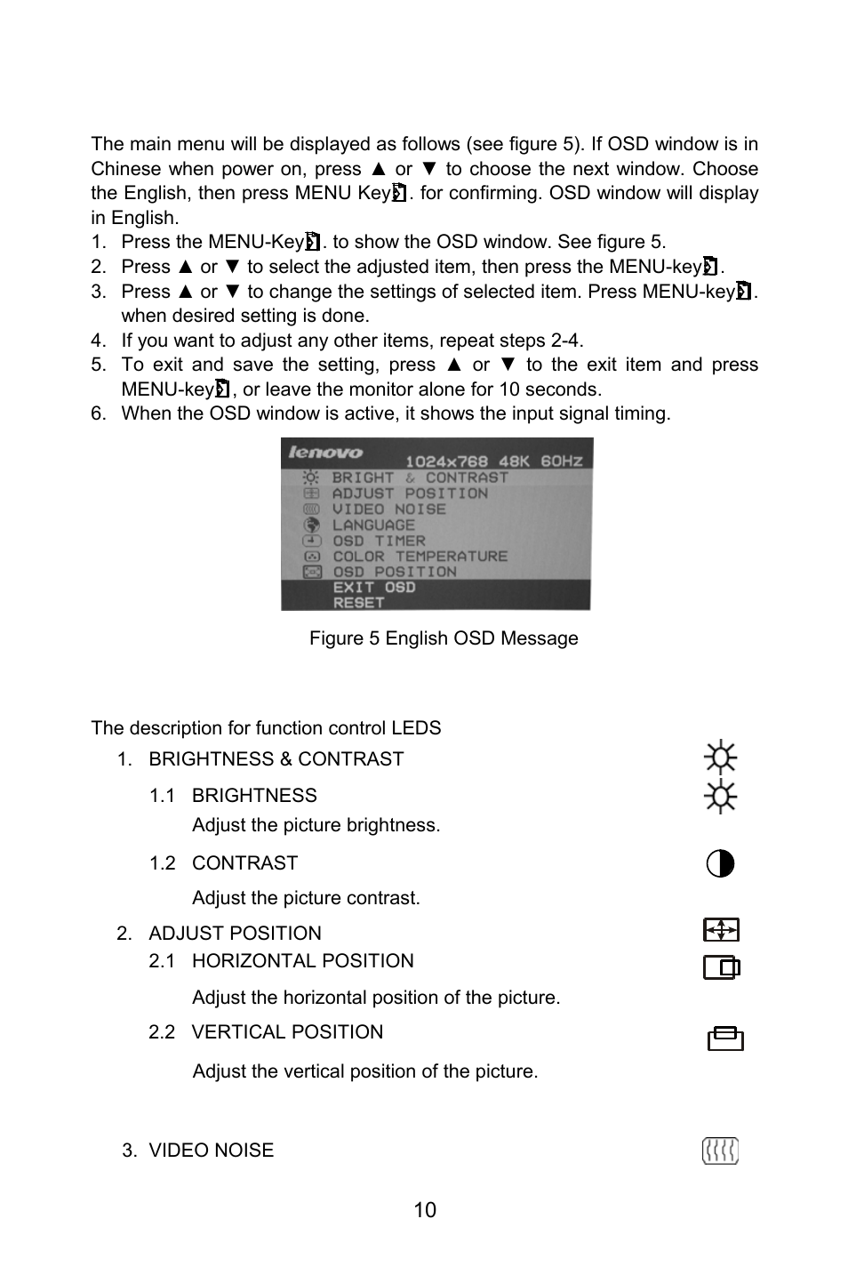 How to use osd, Adjusting the picture | Lenovo LXH-GJ17L3 User Manual | Page 10 / 18