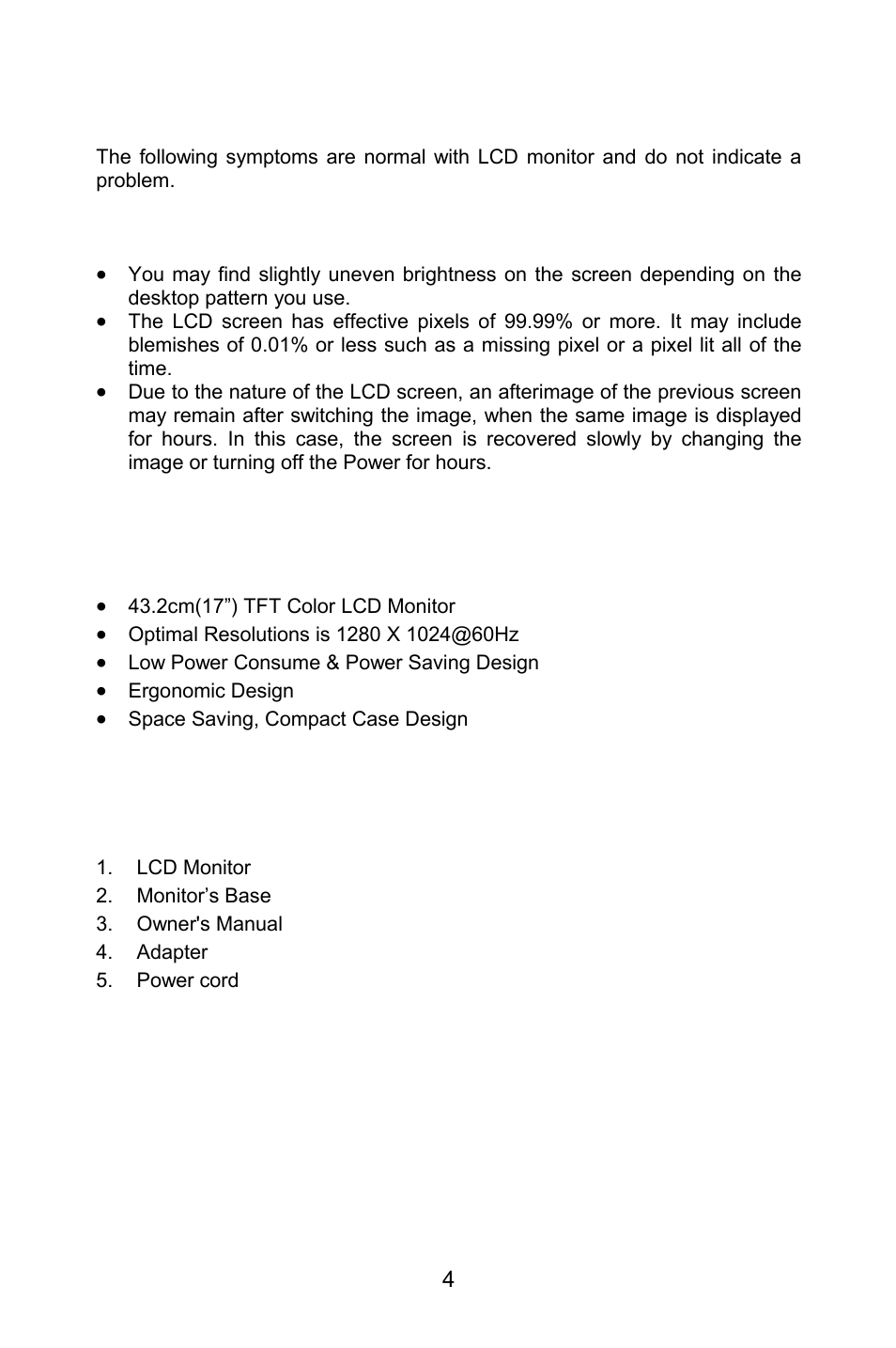Special notes on lcd monitors, Before you operate the monitor, Features packing list | Lenovo LXH-GJ17L3 User Manual | Page 4 / 18