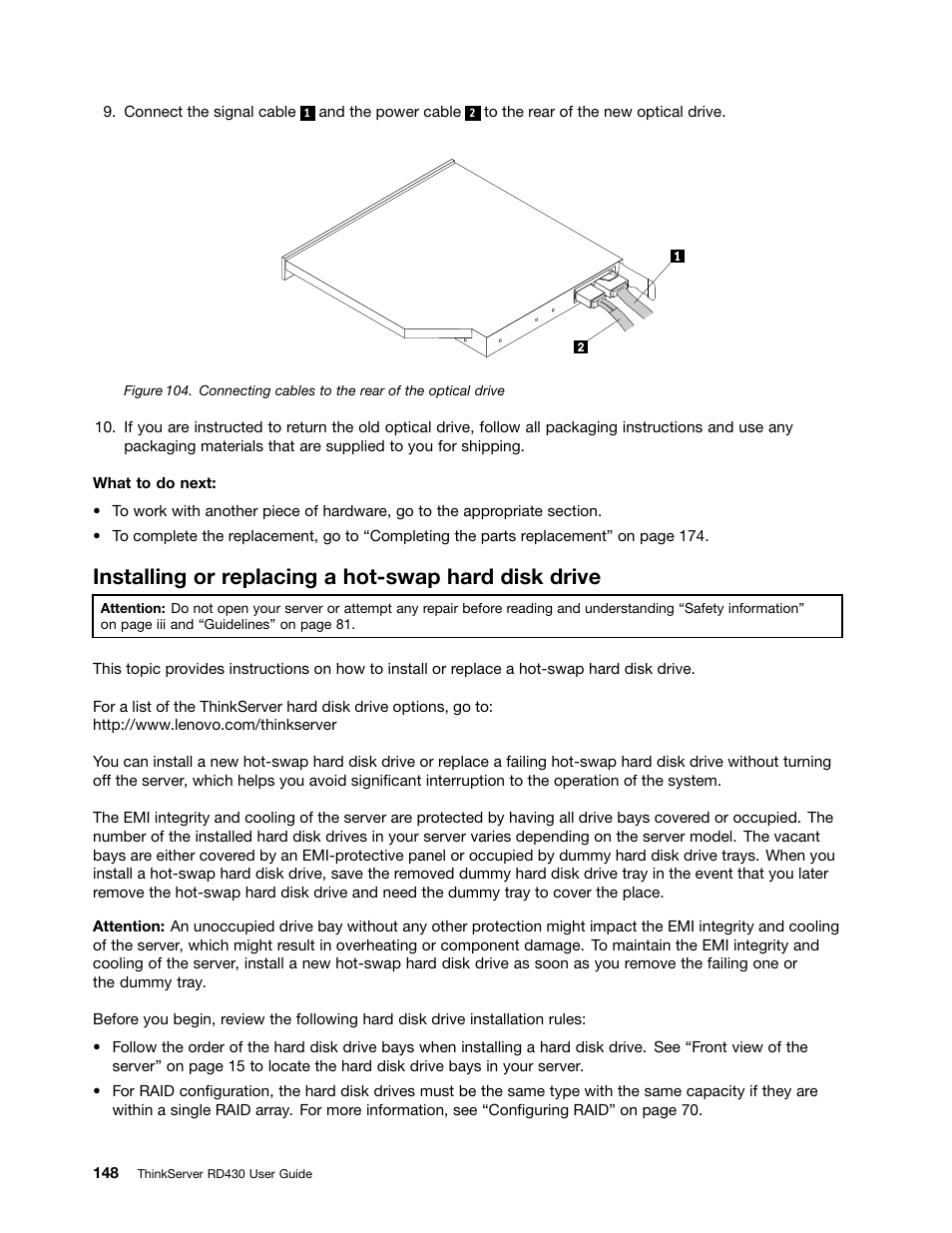 Installing or replacing a hot-swap hard disk drive | Lenovo RD430 User Manual | Page 160 / 218