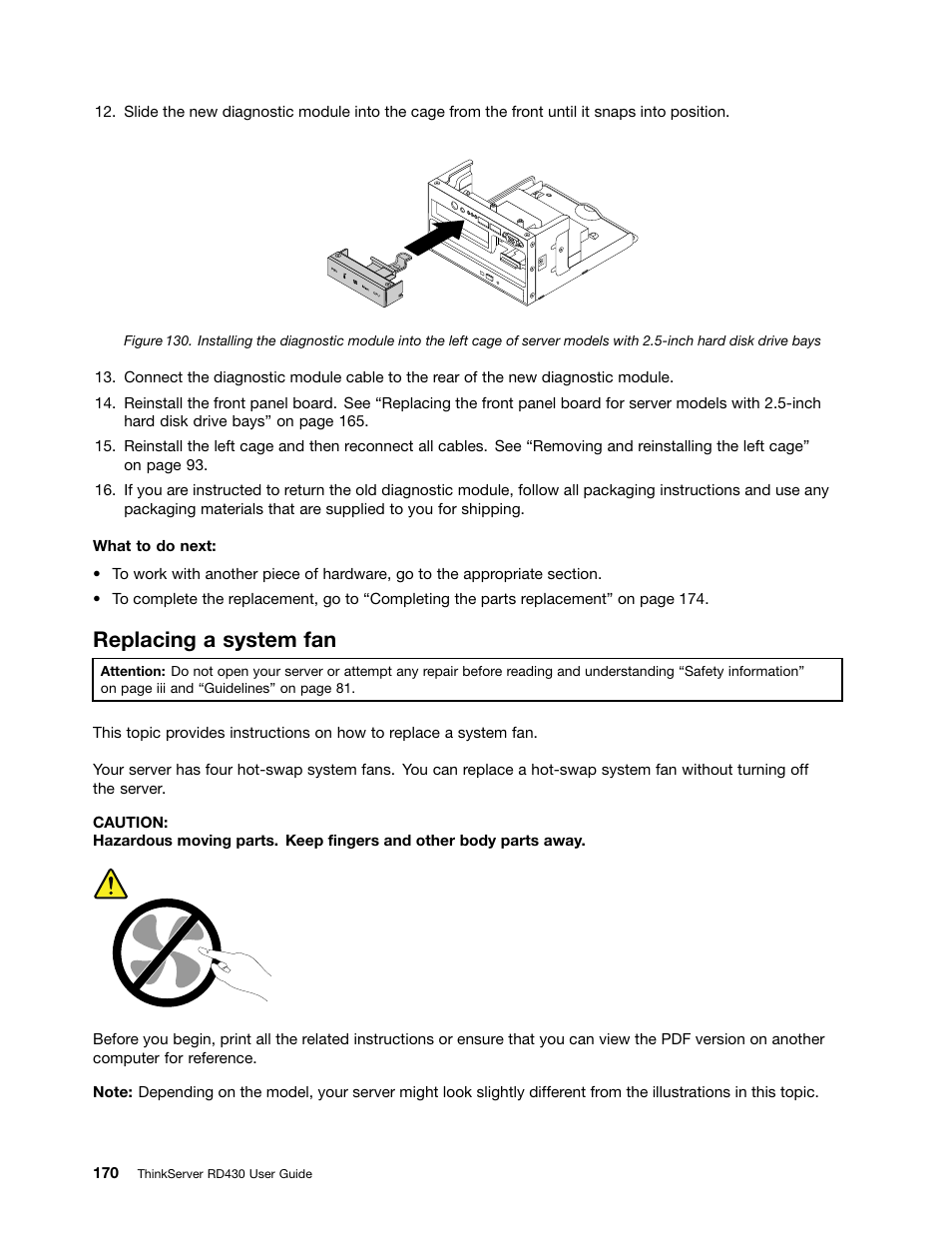 Replacing a system fan | Lenovo RD430 User Manual | Page 182 / 218