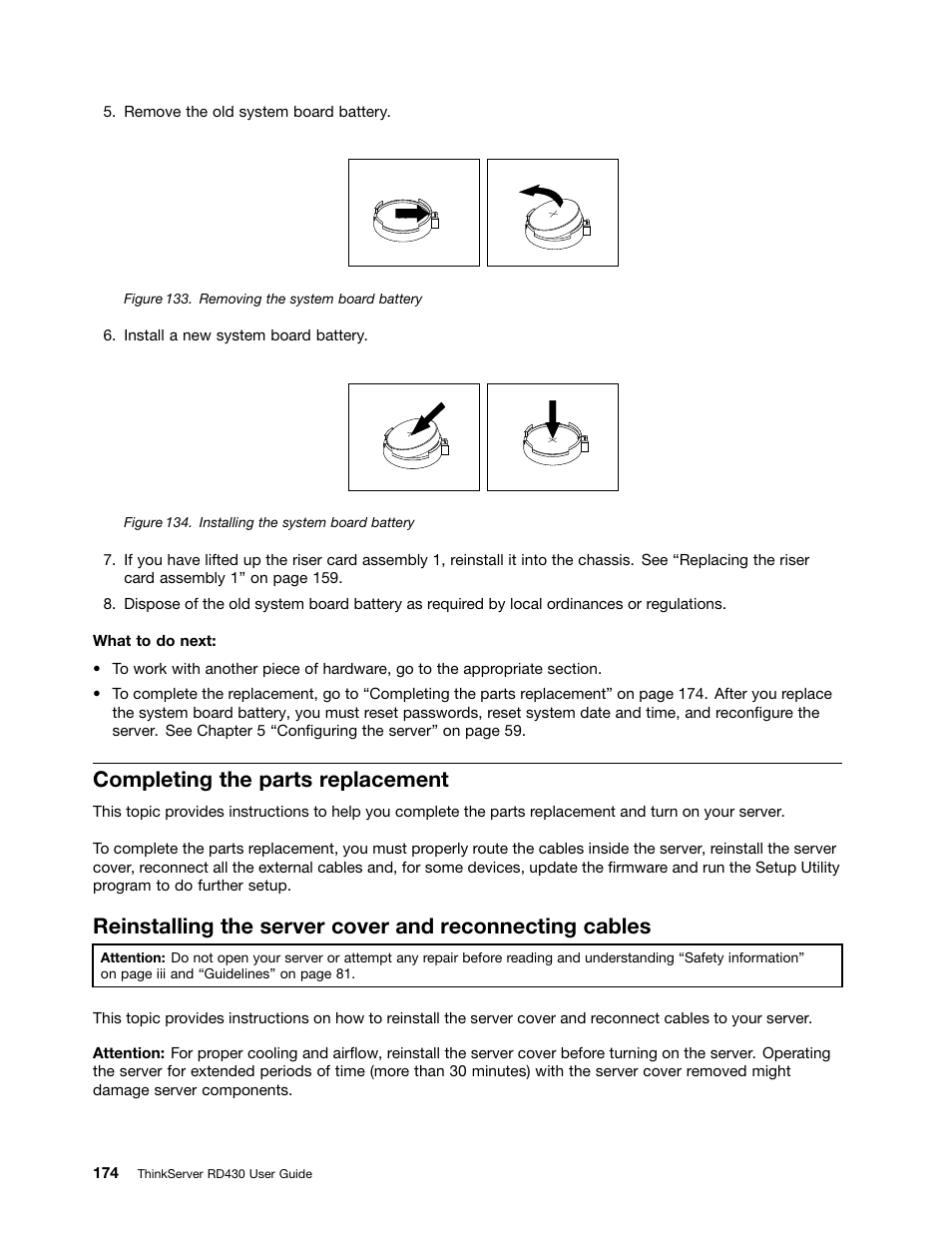 Completing the parts replacement, Completing the | Lenovo RD430 User Manual | Page 186 / 218