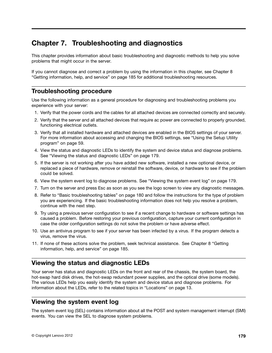 Chapter 7. troubleshooting and diagnostics, Troubleshooting procedure, Viewing the status and diagnostic leds | Viewing the system event log | Lenovo RD430 User Manual | Page 191 / 218