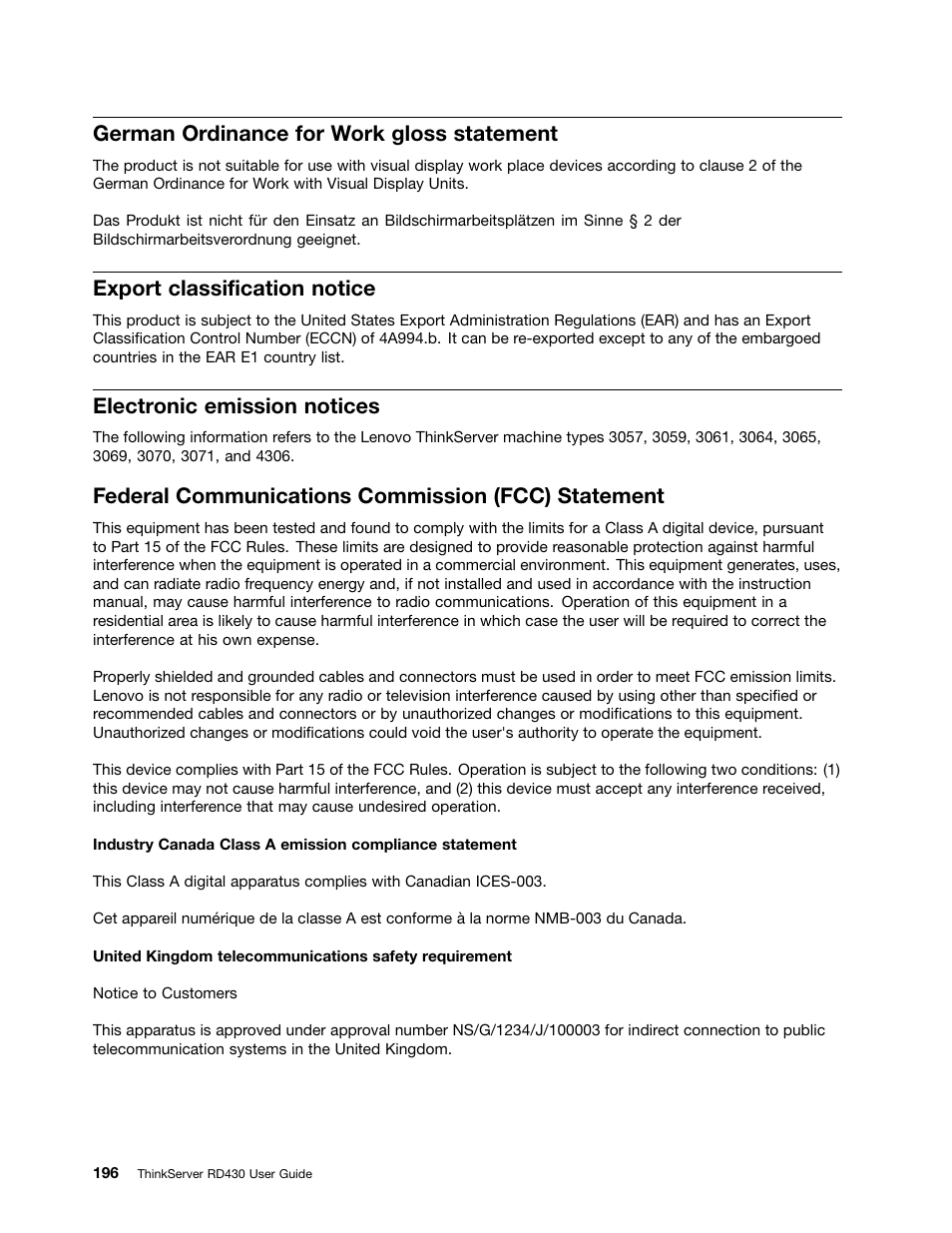 German ordinance for work gloss statement, Export classification notice, Electronic emission notices | Federal communications commission (fcc) statement | Lenovo RD430 User Manual | Page 208 / 218