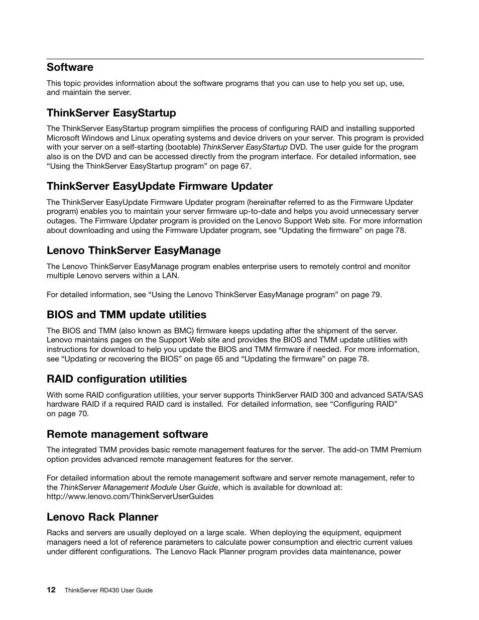 Software, Thinkserver easystartup, Thinkserver easyupdate firmware updater | Lenovo thinkserver easymanage, Bios and tmm update utilities, Raid configuration utilities, Remote management software, Lenovo rack planner | Lenovo RD430 User Manual | Page 24 / 218