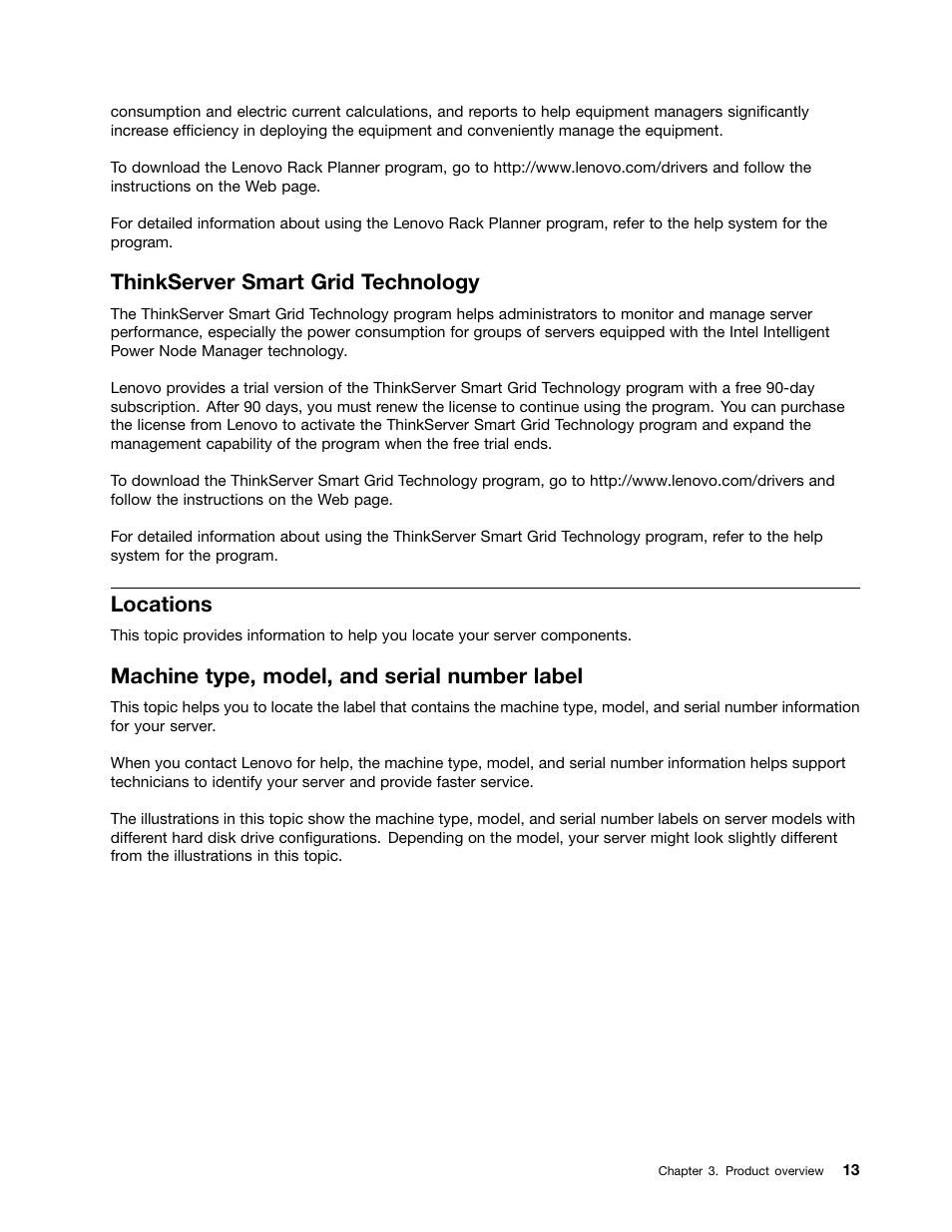 Thinkserver smart grid technology, Locations, Machine type, model, and serial number label | Lenovo RD430 User Manual | Page 25 / 218