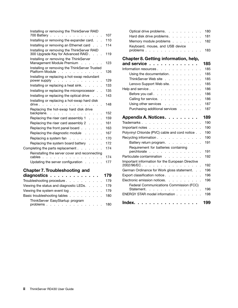 Chapter 7. troubleshooting and diagnostics, Chapter 8. getting information, help, and service, Appendix a. notices | Index | Lenovo RD430 User Manual | Page 4 / 218