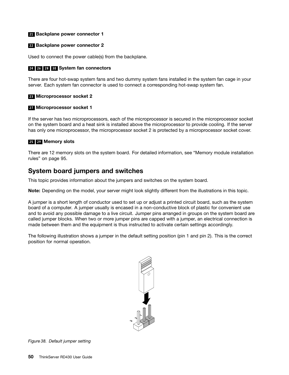 System board jumpers and switches | Lenovo RD430 User Manual | Page 62 / 218