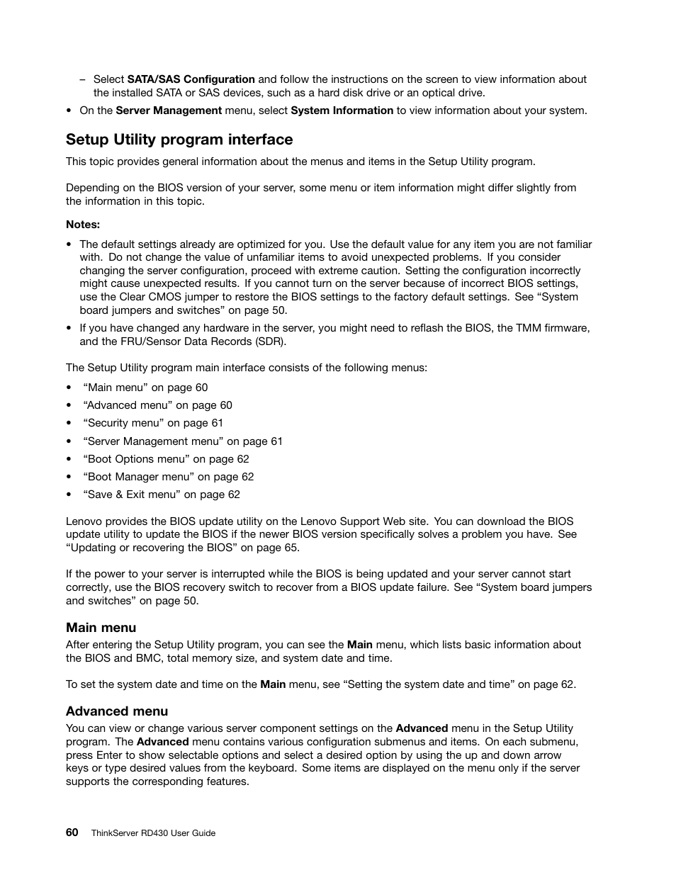 Setup utility program interface | Lenovo RD430 User Manual | Page 72 / 218