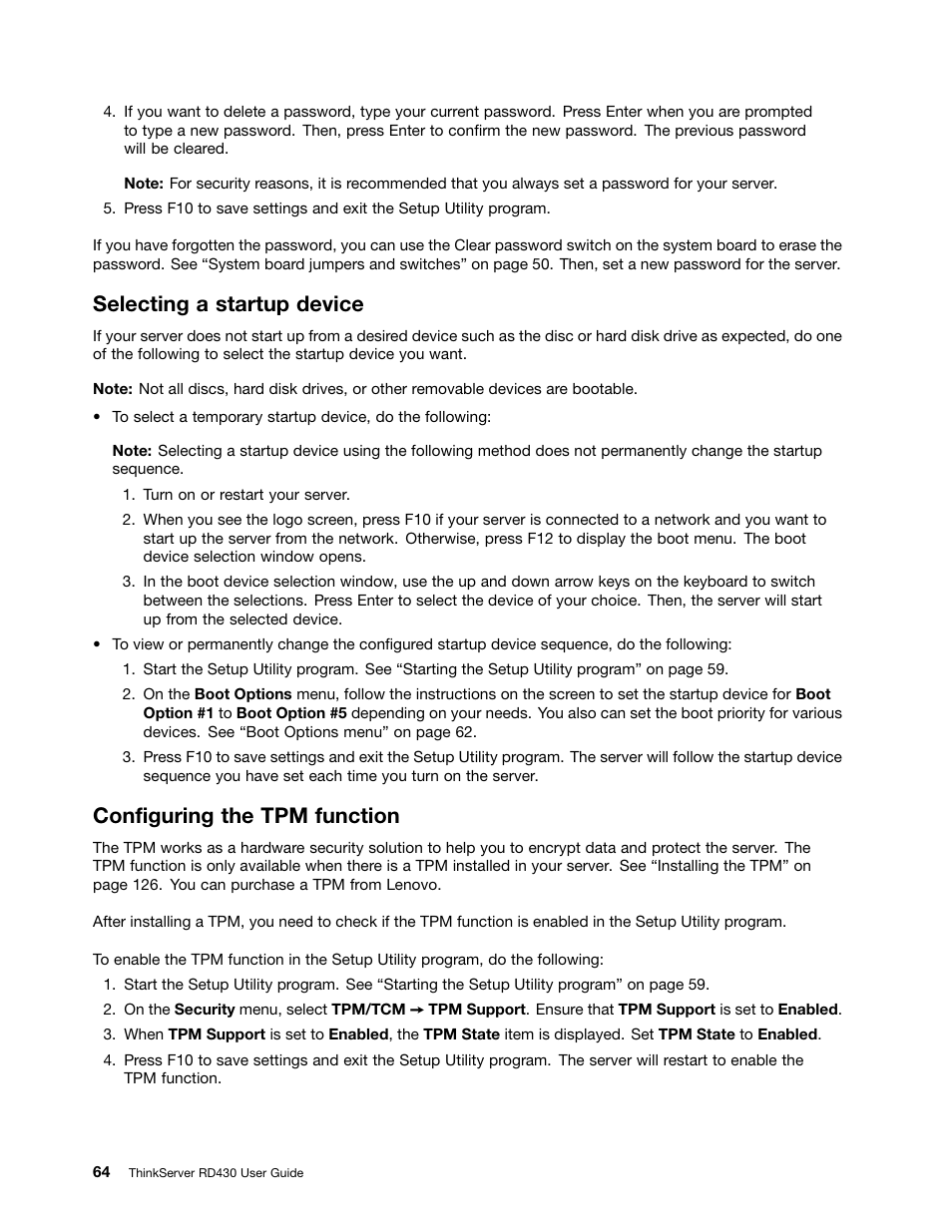 Selecting a startup device, Configuring the tpm function | Lenovo RD430 User Manual | Page 76 / 218