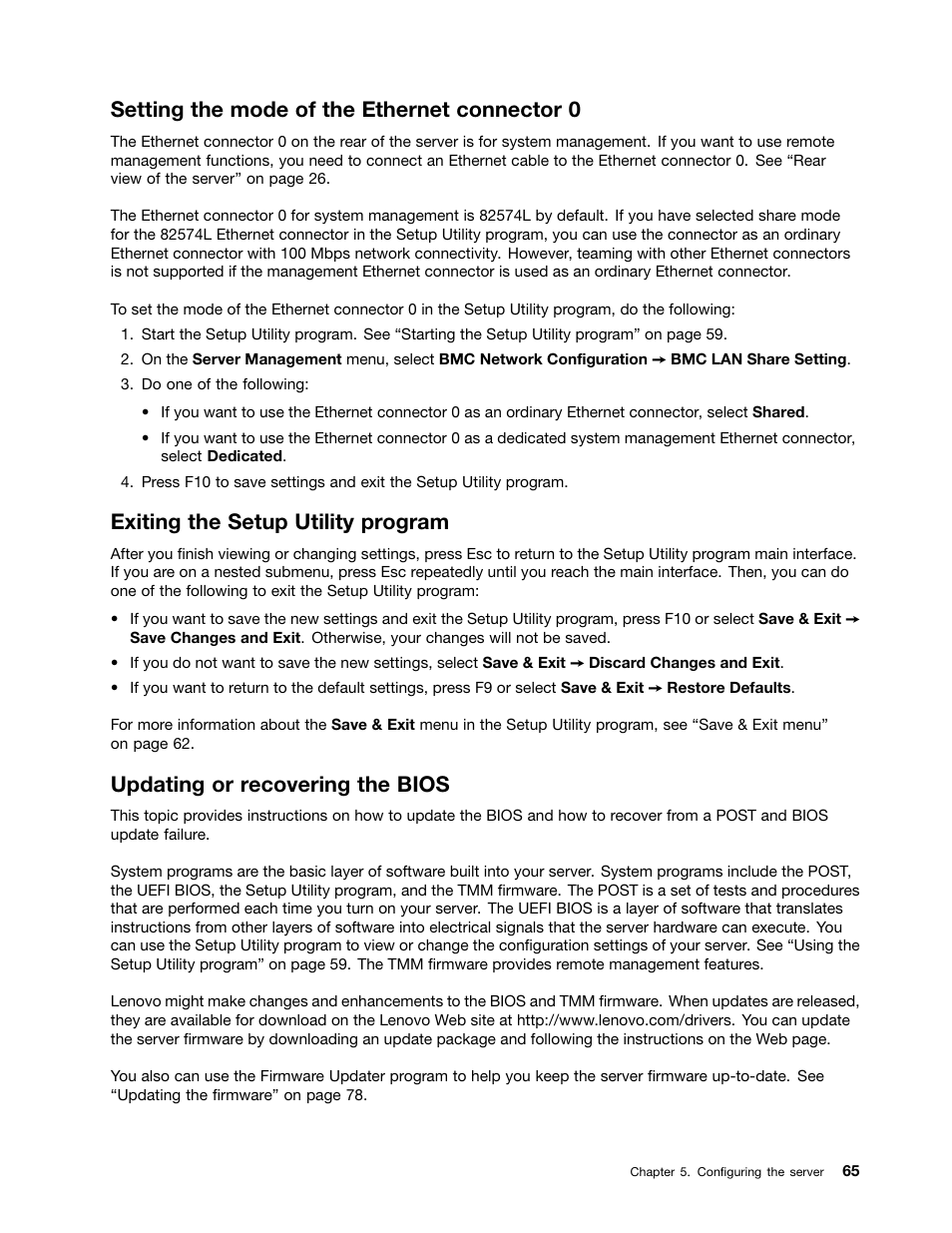 Setting the mode of the ethernet connector 0, Exiting the setup utility program, Updating or recovering the bios | Lenovo RD430 User Manual | Page 77 / 218
