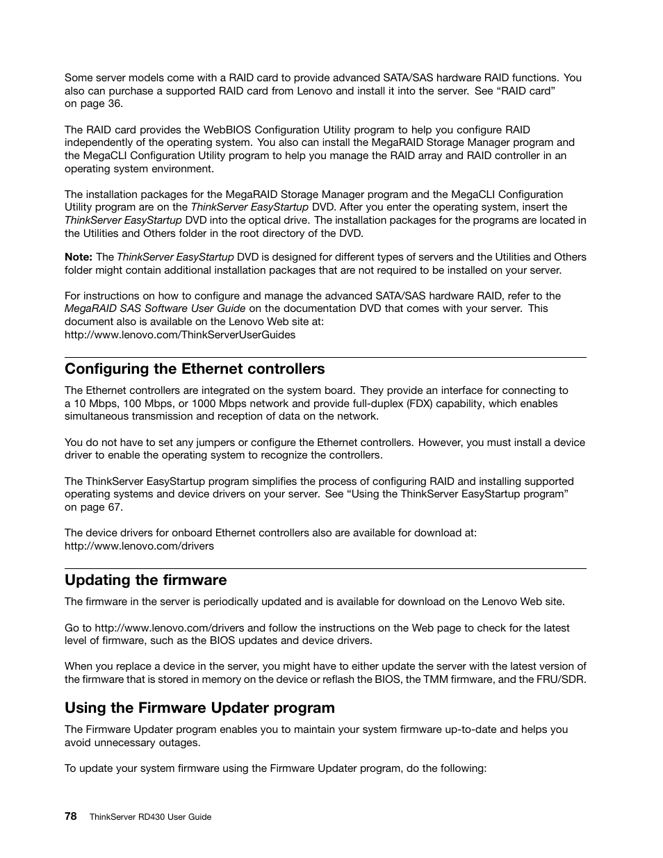 Configuring the ethernet controllers, Updating the firmware, Using the firmware updater program | Lenovo RD430 User Manual | Page 90 / 218