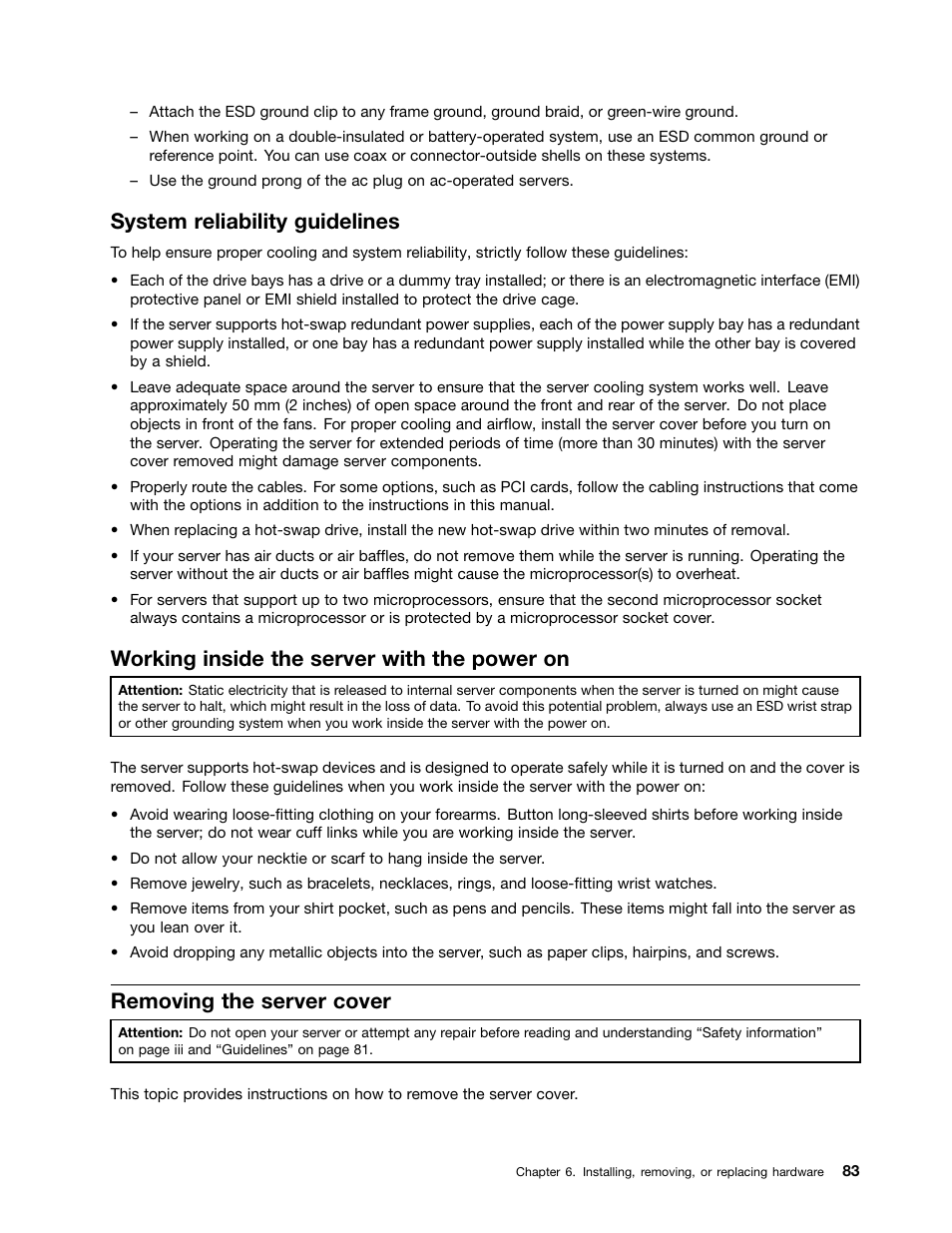 System reliability guidelines, Working inside the server with the power on, Removing the server cover | Lenovo RD430 User Manual | Page 95 / 218