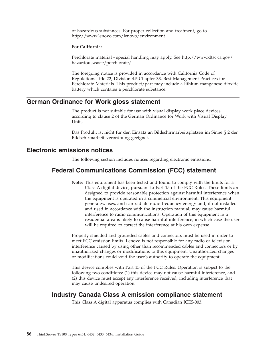 German ordinance for work gloss statement, Electronic emissions notices, Federal communications commission (fcc) statement | German, Ordinance, Work, Gloss, Statement, Electronic, Emissions | Lenovo THINKSERVER TS100 6434 User Manual | Page 100 / 110
