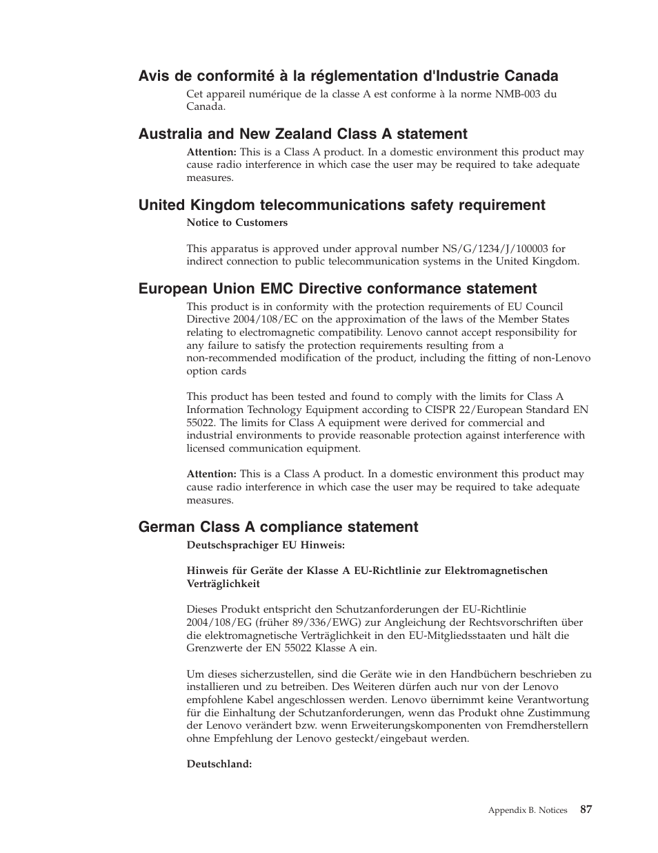 Australia and new zealand class a statement, European union emc directive conformance statement, German class a compliance statement | Avis, Conformité, Réglementation, D'industrie, Canada, Australia, Zealand | Lenovo THINKSERVER TS100 6434 User Manual | Page 101 / 110