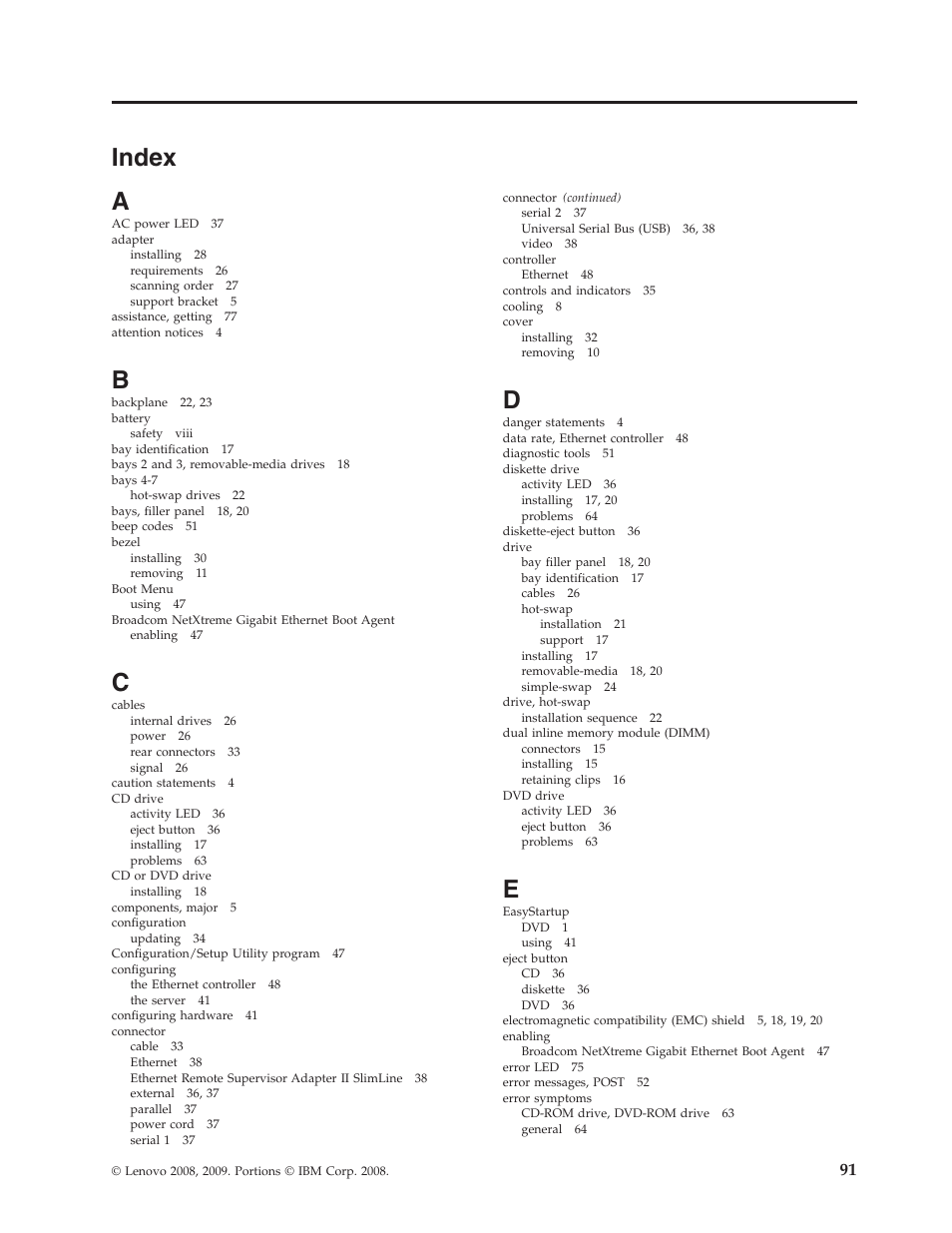 Index | Lenovo THINKSERVER TS100 6434 User Manual | Page 105 / 110