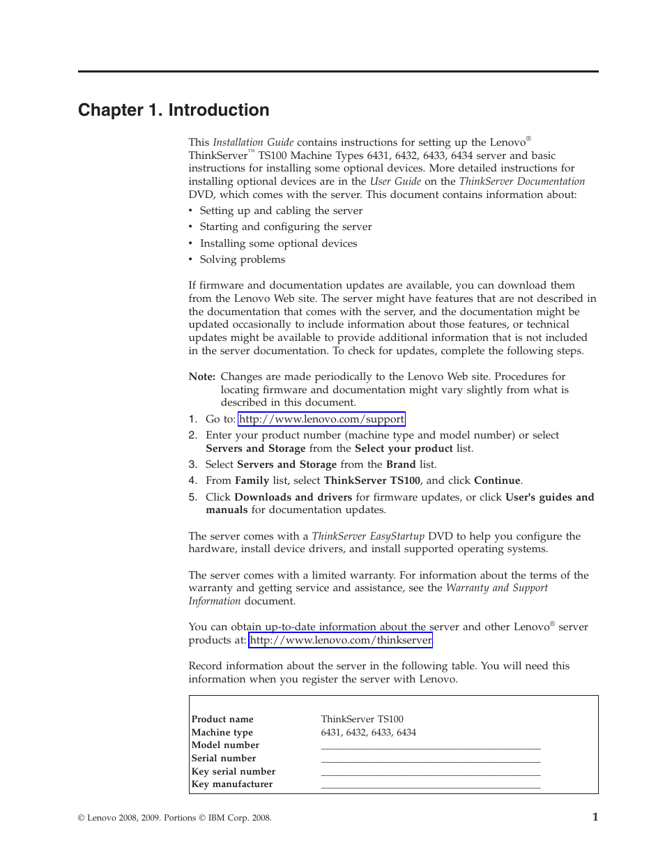 Chapter 1. introduction, Chapter, Introduction | Lenovo THINKSERVER TS100 6434 User Manual | Page 15 / 110