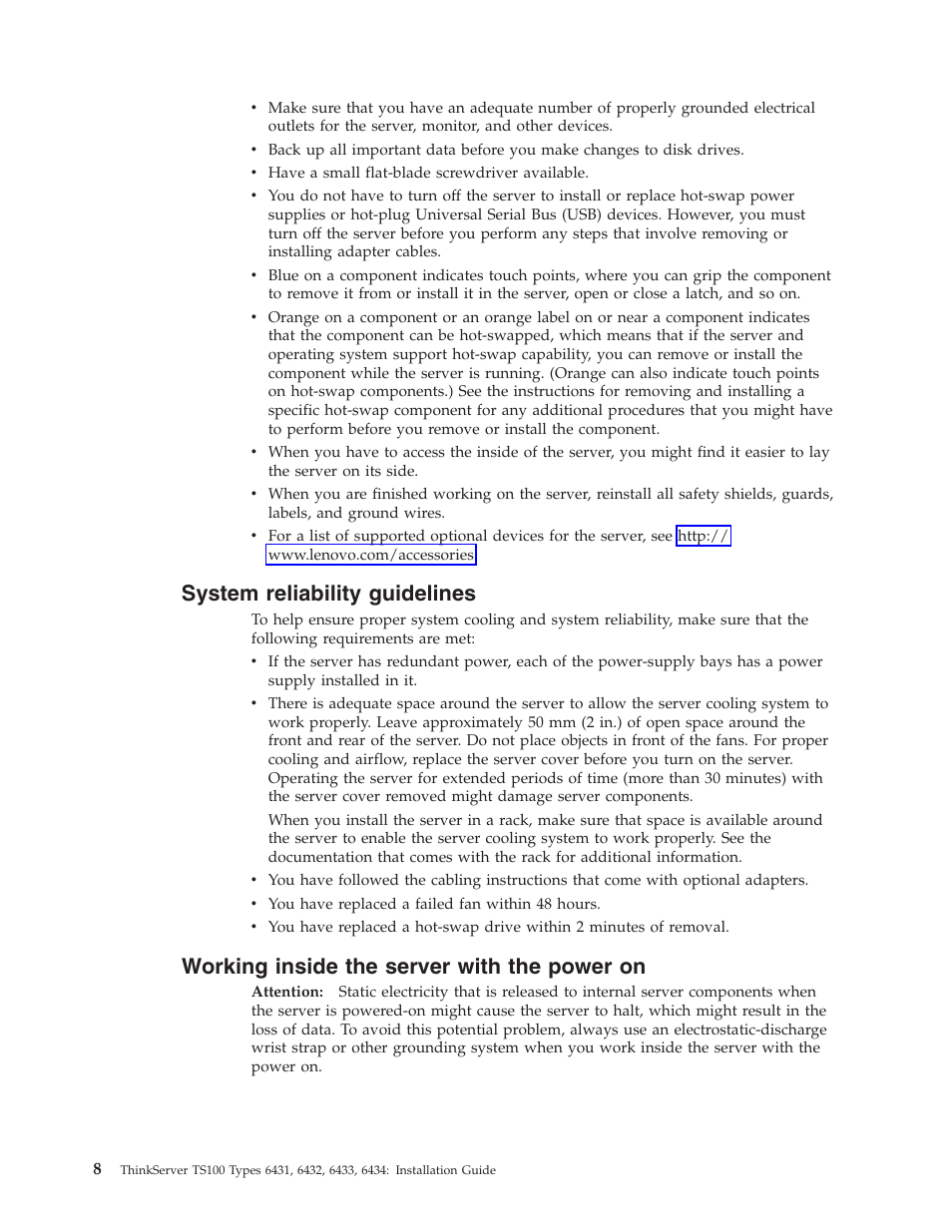 System reliability guidelines, Working inside the server with the power on, System | Reliability, Guidelines, Working, Inside, Server, With, Power | Lenovo THINKSERVER TS100 6434 User Manual | Page 22 / 110