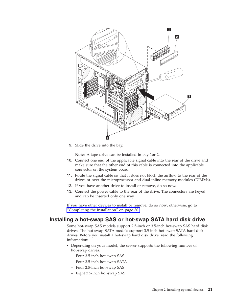 Installing, Hot-swap, Sata | Hard, Disk, Drive | Lenovo THINKSERVER TS100 6434 User Manual | Page 35 / 110