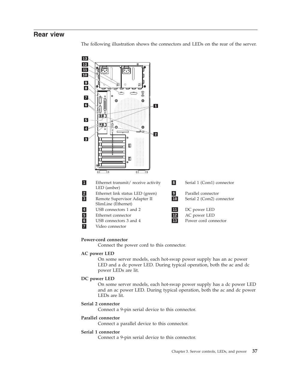 Rear view, Rear, View | Lenovo THINKSERVER TS100 6434 User Manual | Page 51 / 110
