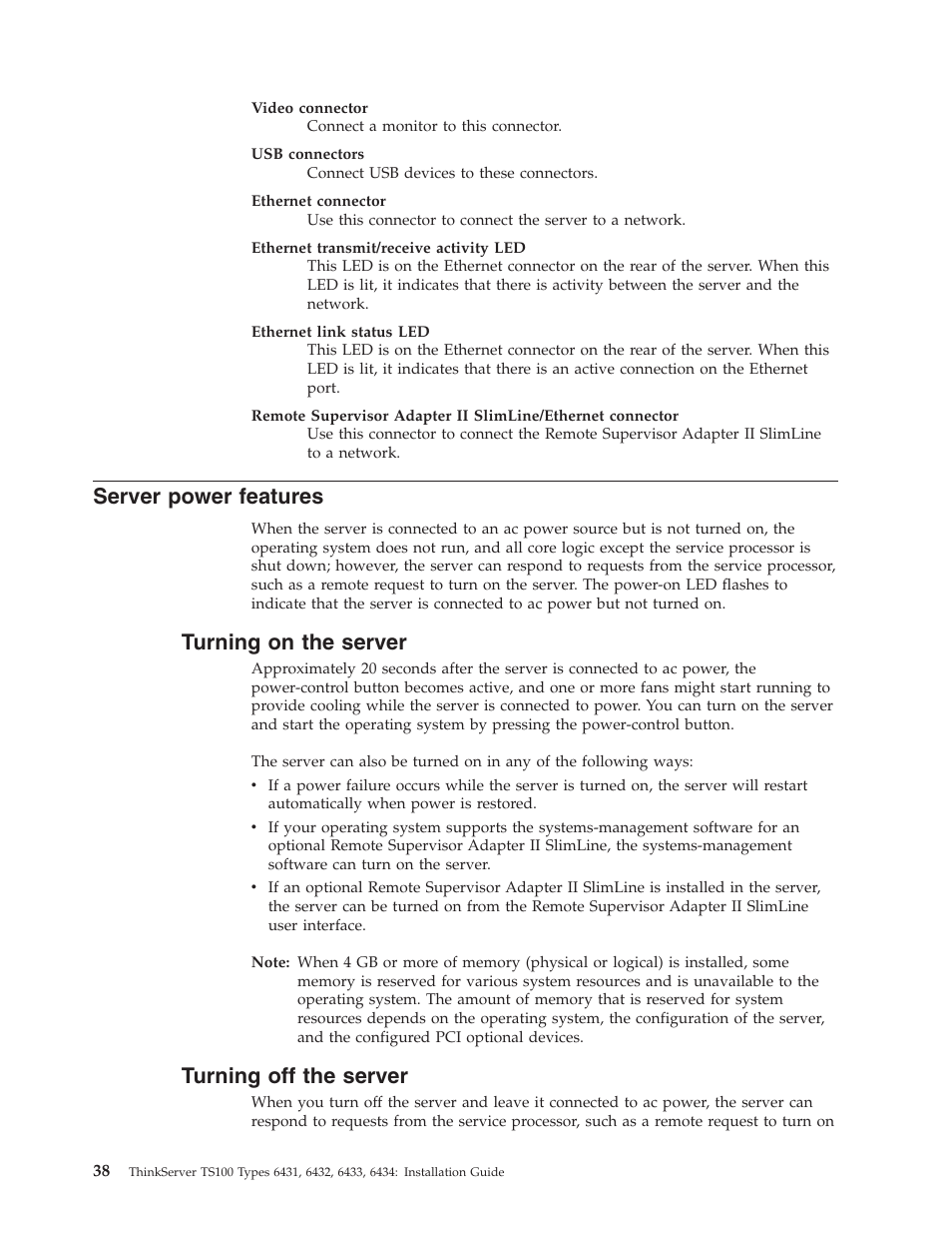 Server power features, Turning on the server, Turning off the server | Server, Power, Features, Turning | Lenovo THINKSERVER TS100 6434 User Manual | Page 52 / 110