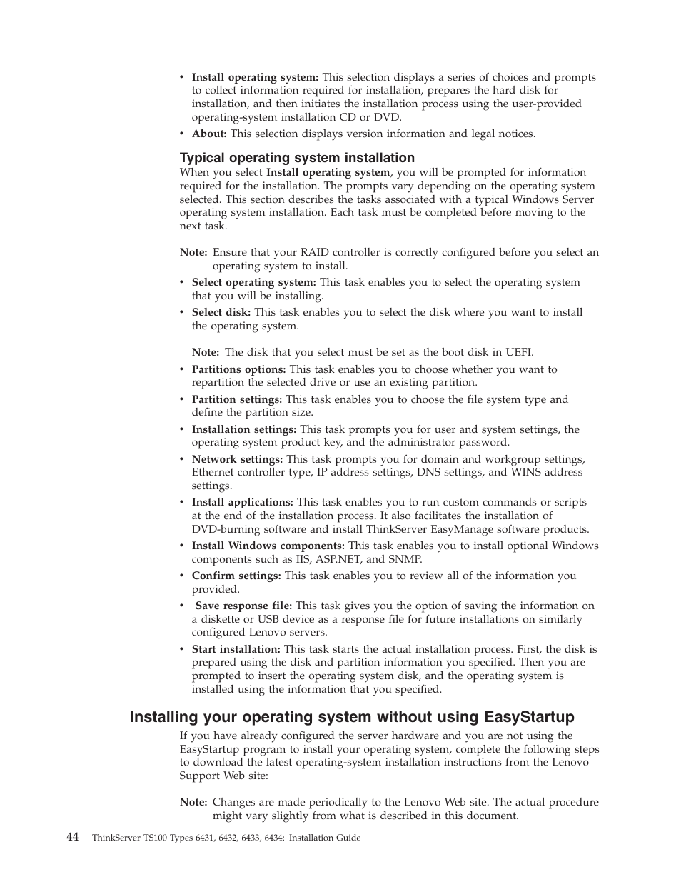 Typical operating system installation, Installing, Your | Operating, System, Without, Using, Easystartup, Typical, Installation | Lenovo THINKSERVER TS100 6434 User Manual | Page 58 / 110