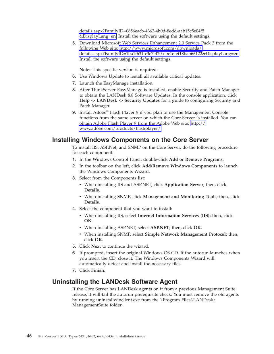 Installing windows components on the core server, Uninstalling the landesk software agent, Installing | Windows, Components, Core, Server, Uninstalling, Landesk, Software | Lenovo THINKSERVER TS100 6434 User Manual | Page 60 / 110